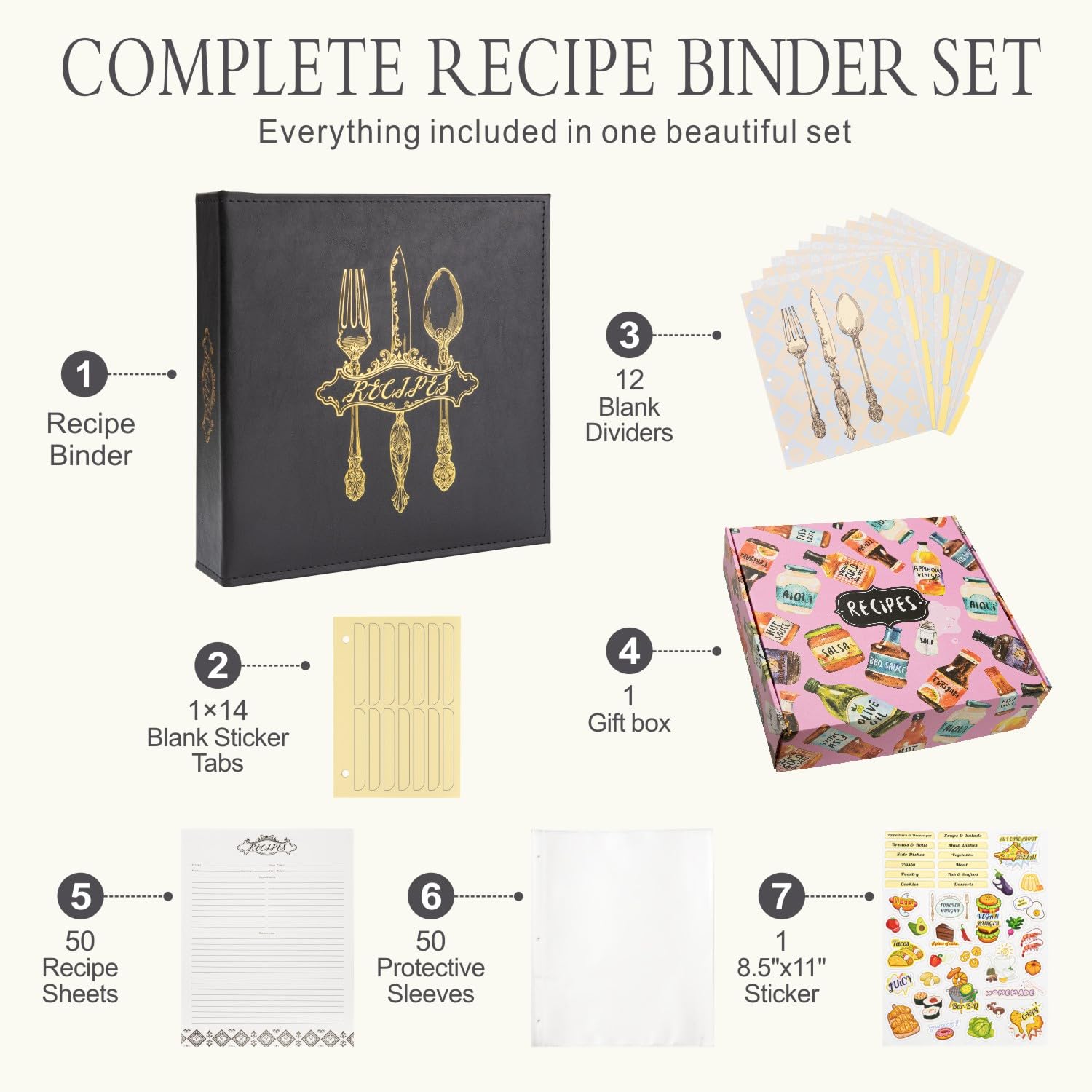 COFICE Rezeptbuch – 8,5 x 11 3 Ringe blanko Familienrezept Buch Binder Kit zum Schreiben in Ihren eigenen Rezepten mit PU-Kunstleder-Einband und Kunststoffhüllen (schwarz)