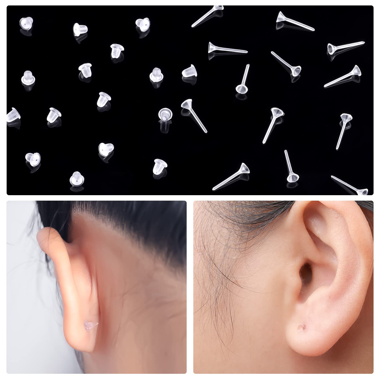 KINBOM 100 paia Orecchini in Plastica, ferma orecchini in silicone, base per orecchini,Schienali Orecchini Earring Backs Trasparenti per Sport Donne Uomini Orecchini Fai Da Te,3mm Testa di coppa