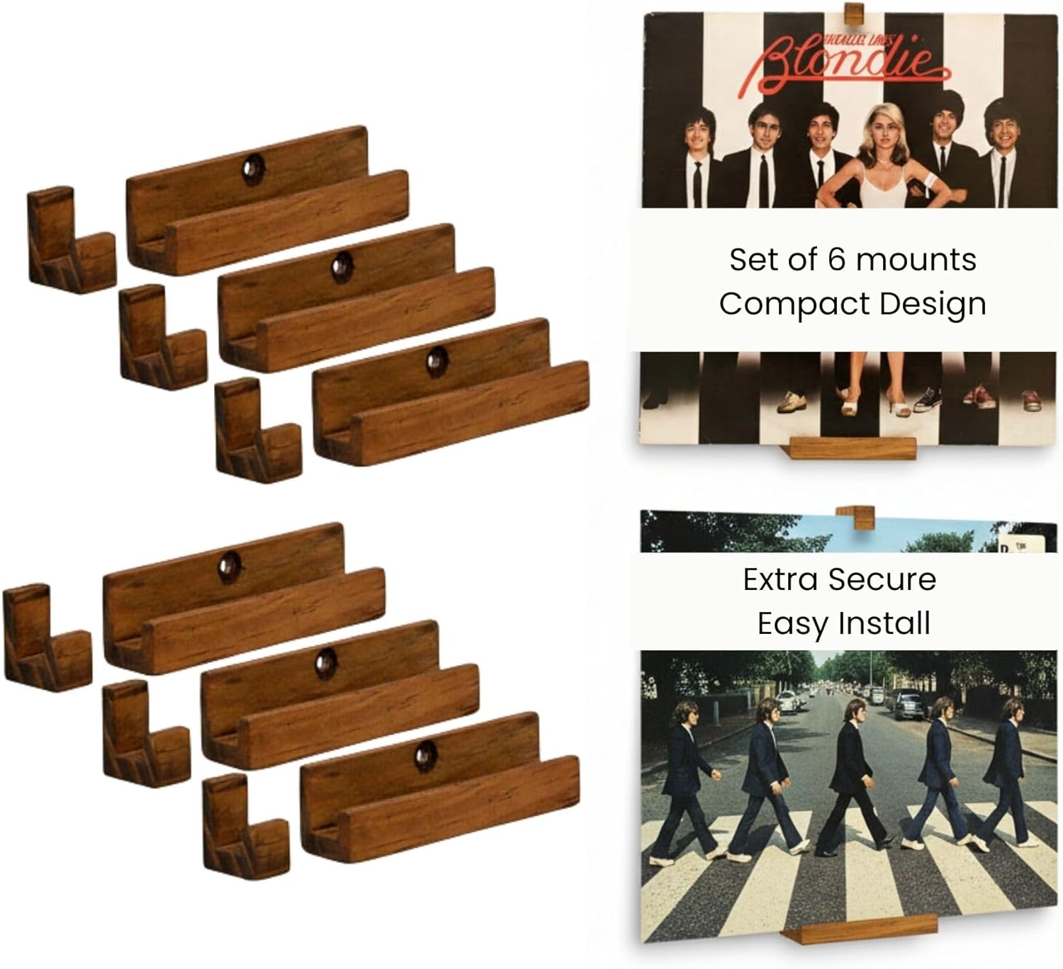 Vinyl Record Wall Mount – Pack of 6 Floating LP Album Display Holders | Pine Wood with Walnut Matte Finish | Easy Install Wall Decor for Music Lovers, Vinyl Collectors & Home Decor