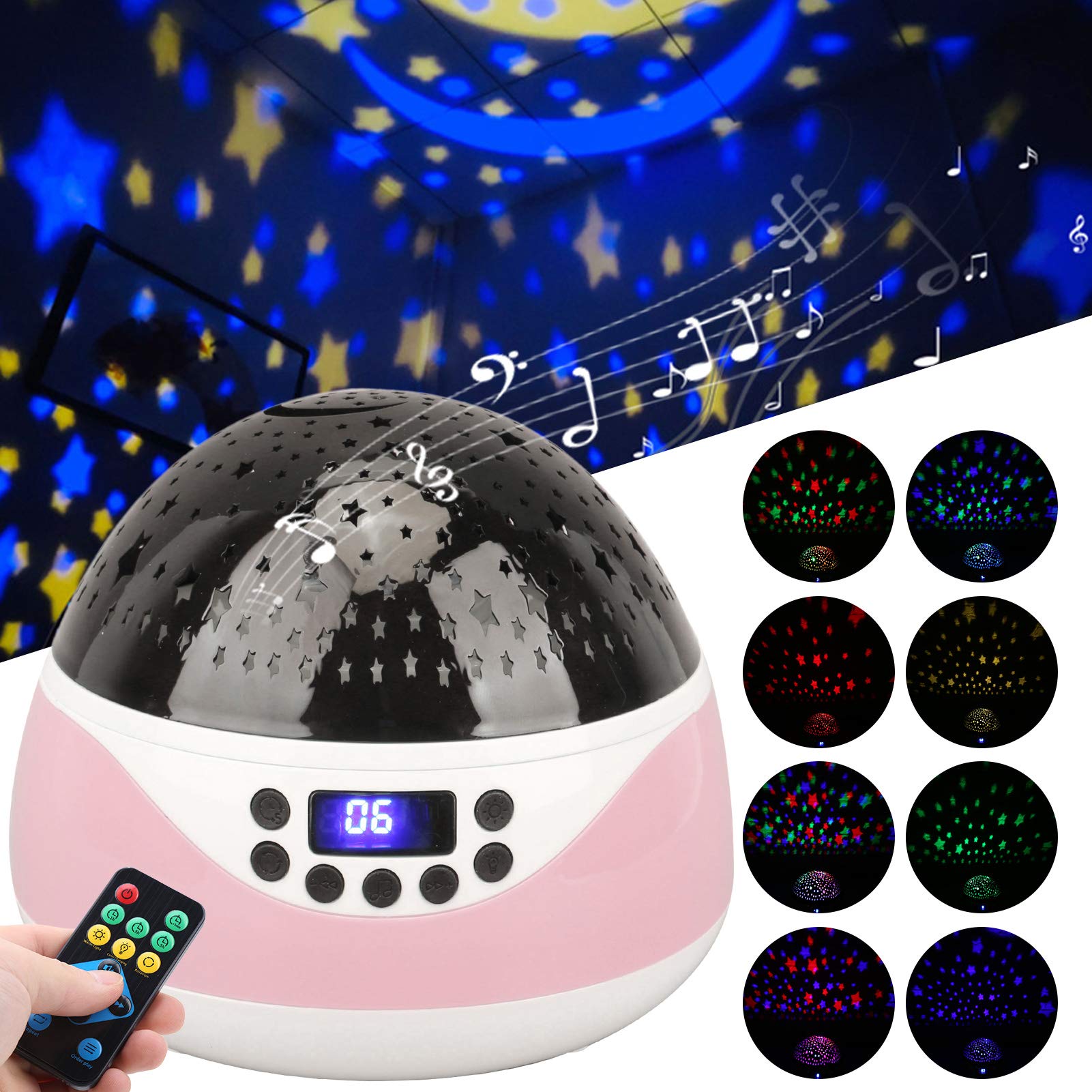 de Luz Nocturna con Control Remoto y Música para Niños, Pantalla LED, Rotación de 360 ​​grados, Material ABS, 14,5x14,5x13,5 Cm (Rosa)