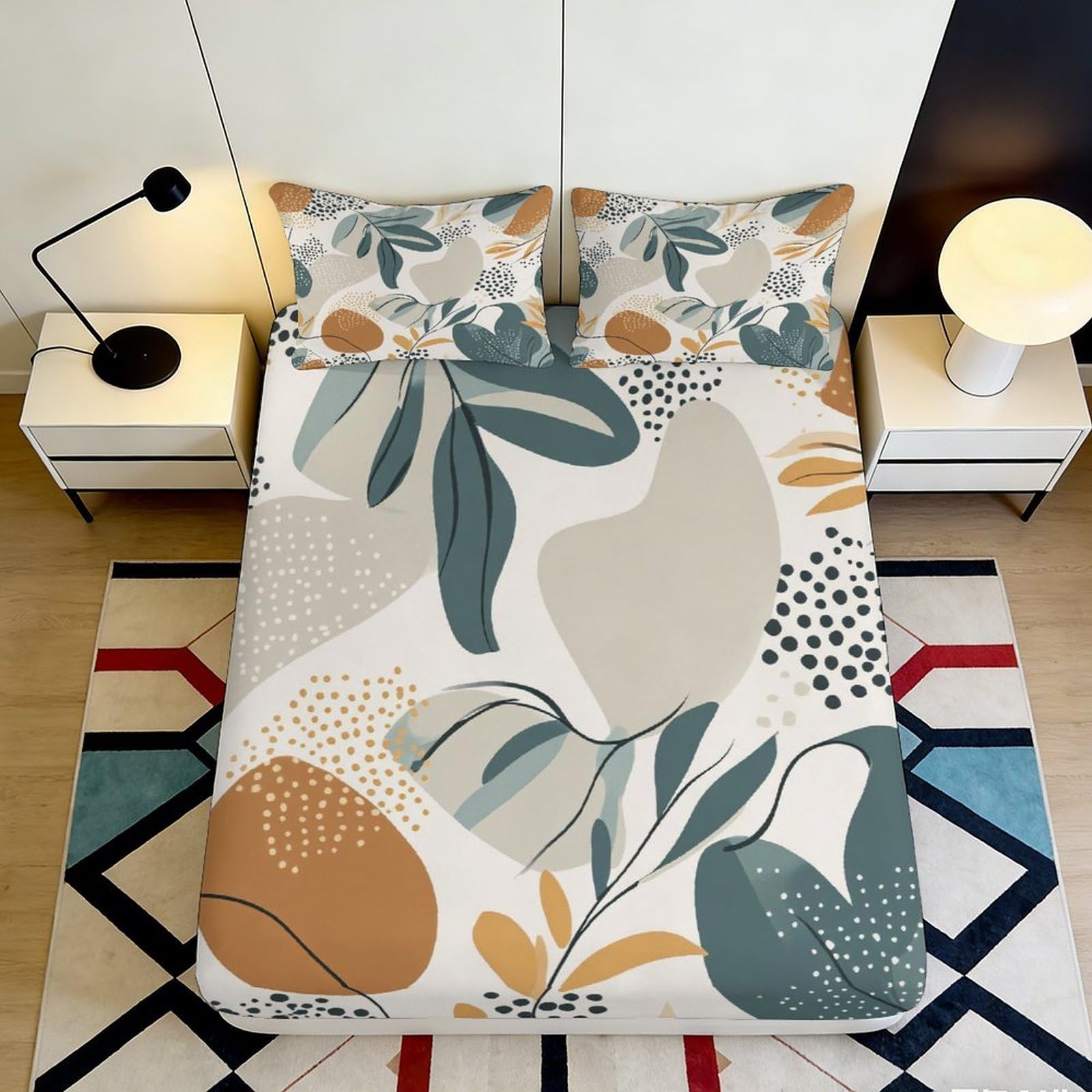 3D Printed Abstract Botanical Fitted Sheet Microfiber Soft Modern Geometric Mattress Cover for Bedroom Guest Room Decor 90x200x25cm