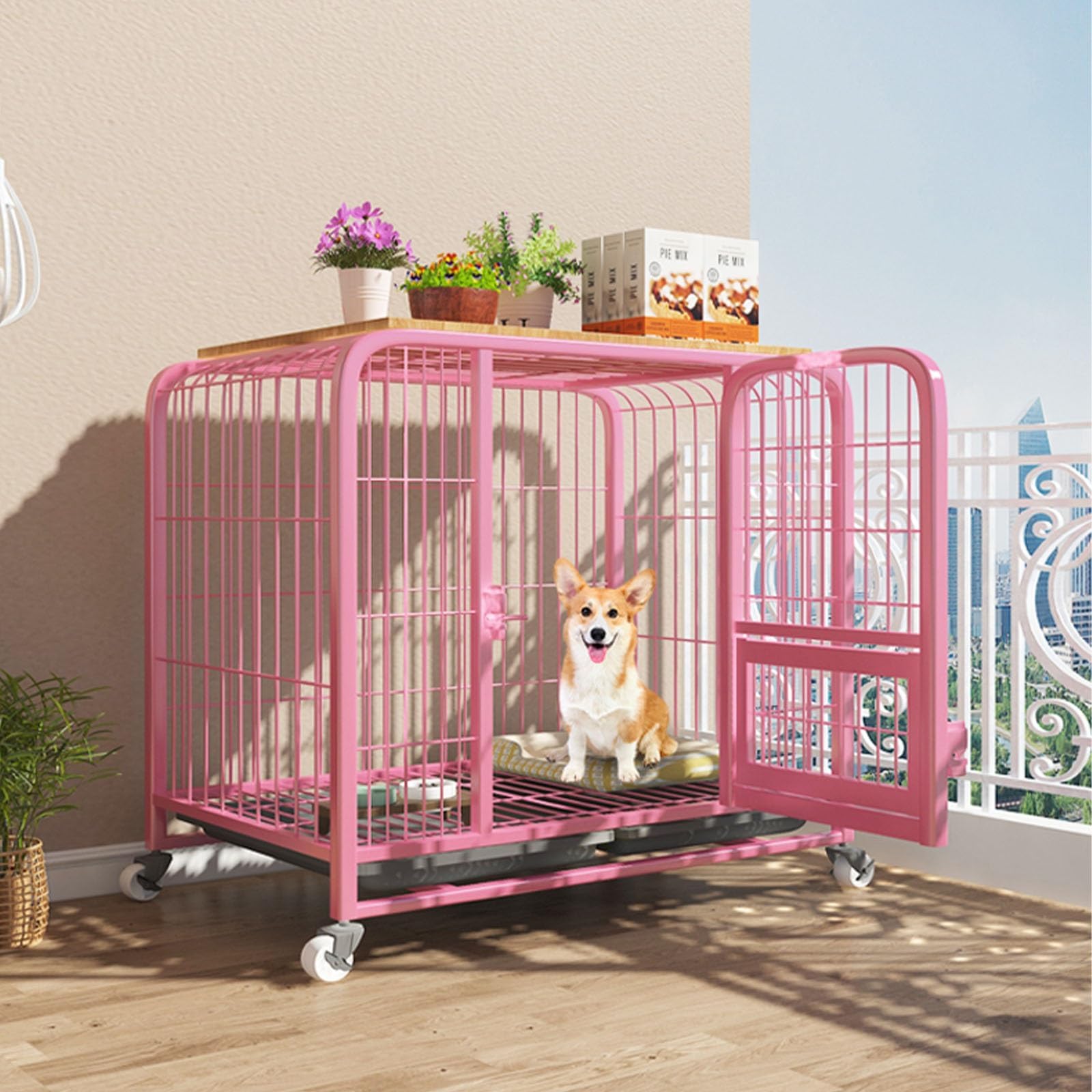 MNBVH Dog Crate Dog Kennel Pet Crate Dog Cage Portable Dog Crate With Wheels Prevent Escape Lock Tray Easy To Install For Puppy Small Medium Dogs Thickened Steel