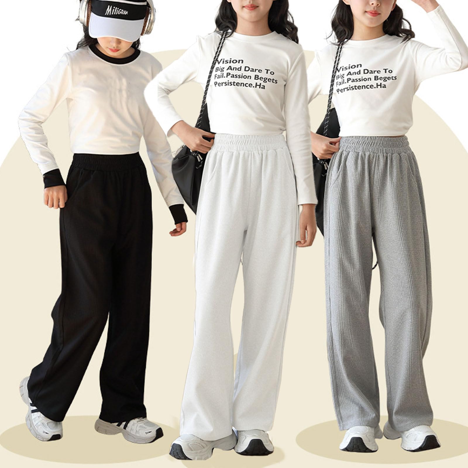 Pantalones deportivos de pierna ancha para niña, holgados, rectos, holgados, de cintura alta, pantalones deportivos casuales para niños con bolsillos, 6-14 años