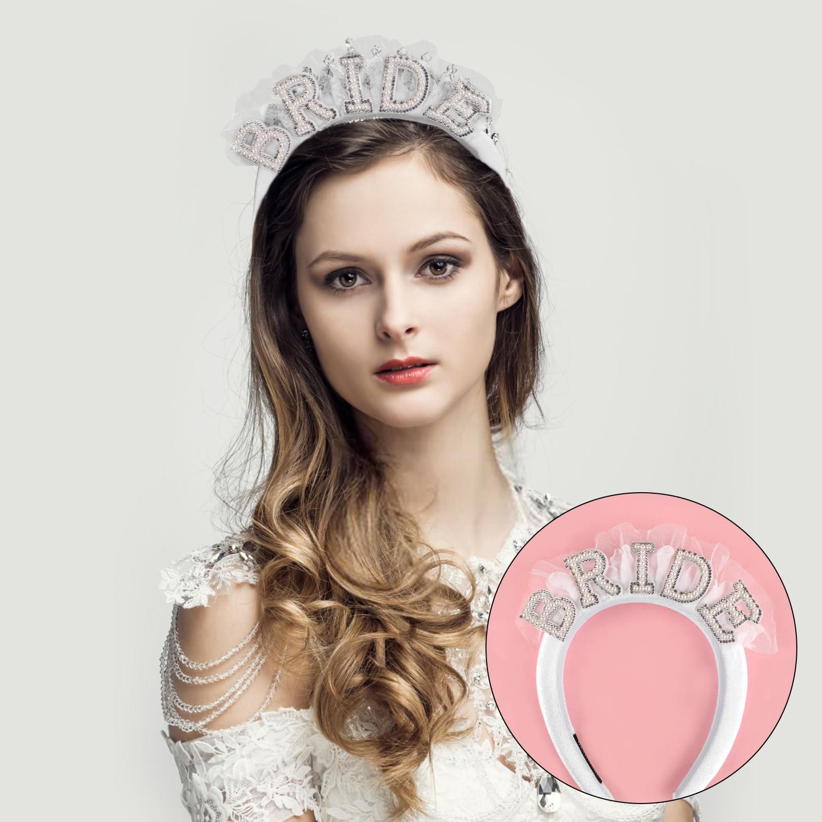 PEUTIER Fascia Capelli Sposa Perle, Copricapo Sposa Bianco Velo perle Strass Accessori Capelli Addio al Nubilato Ampia Fascia Capelli Sposa per Decorazioni per Feste Nozze Regalo per Addio Nubilato