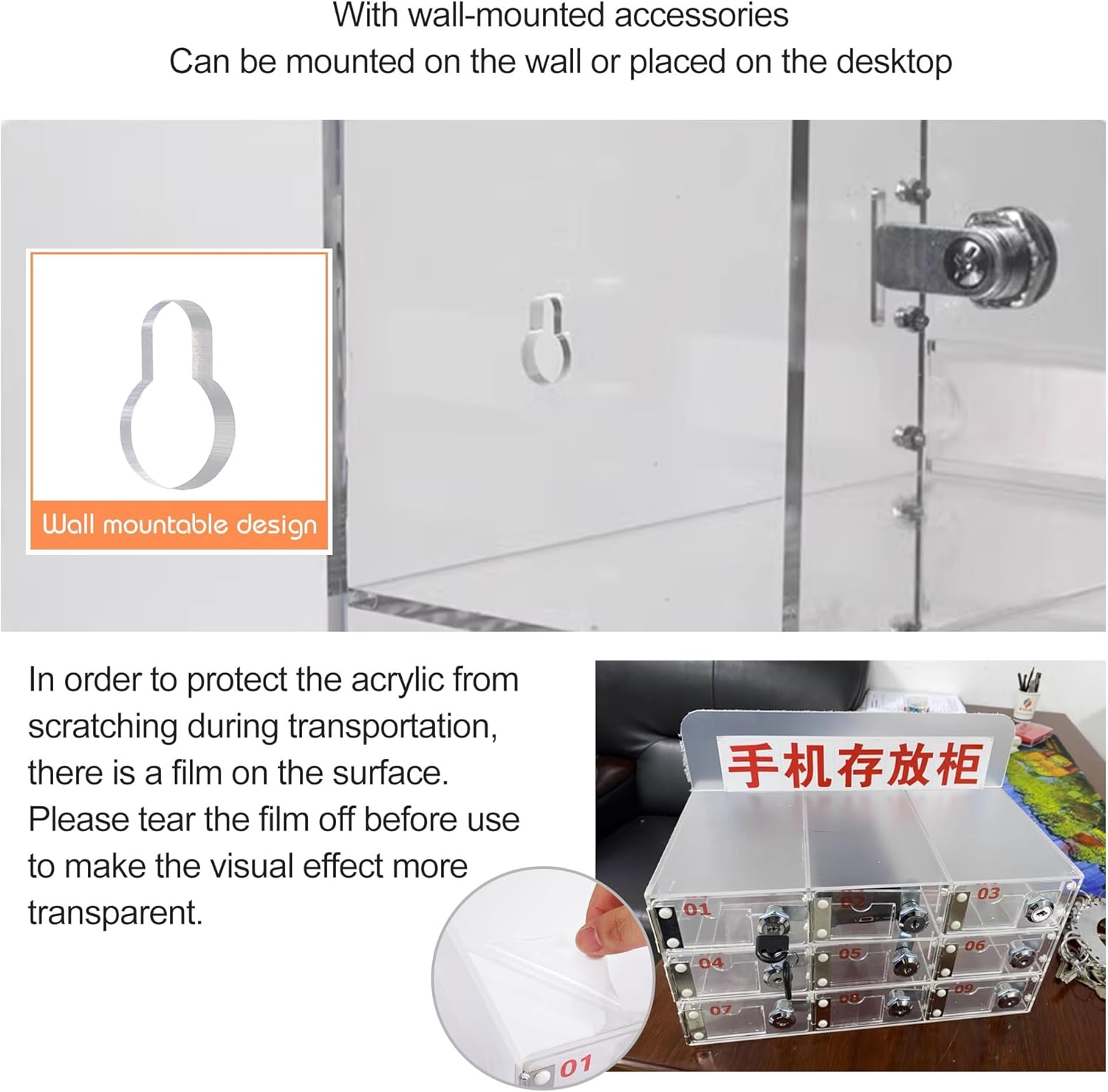 Wall-Mounted Acrylic Cell Phone Locker Box with Locks & Keys - 50 Slot Transparent Mobile Phone Storage for Classroom & Office - Desktop Holder (52.5x18.5x54.7cm)