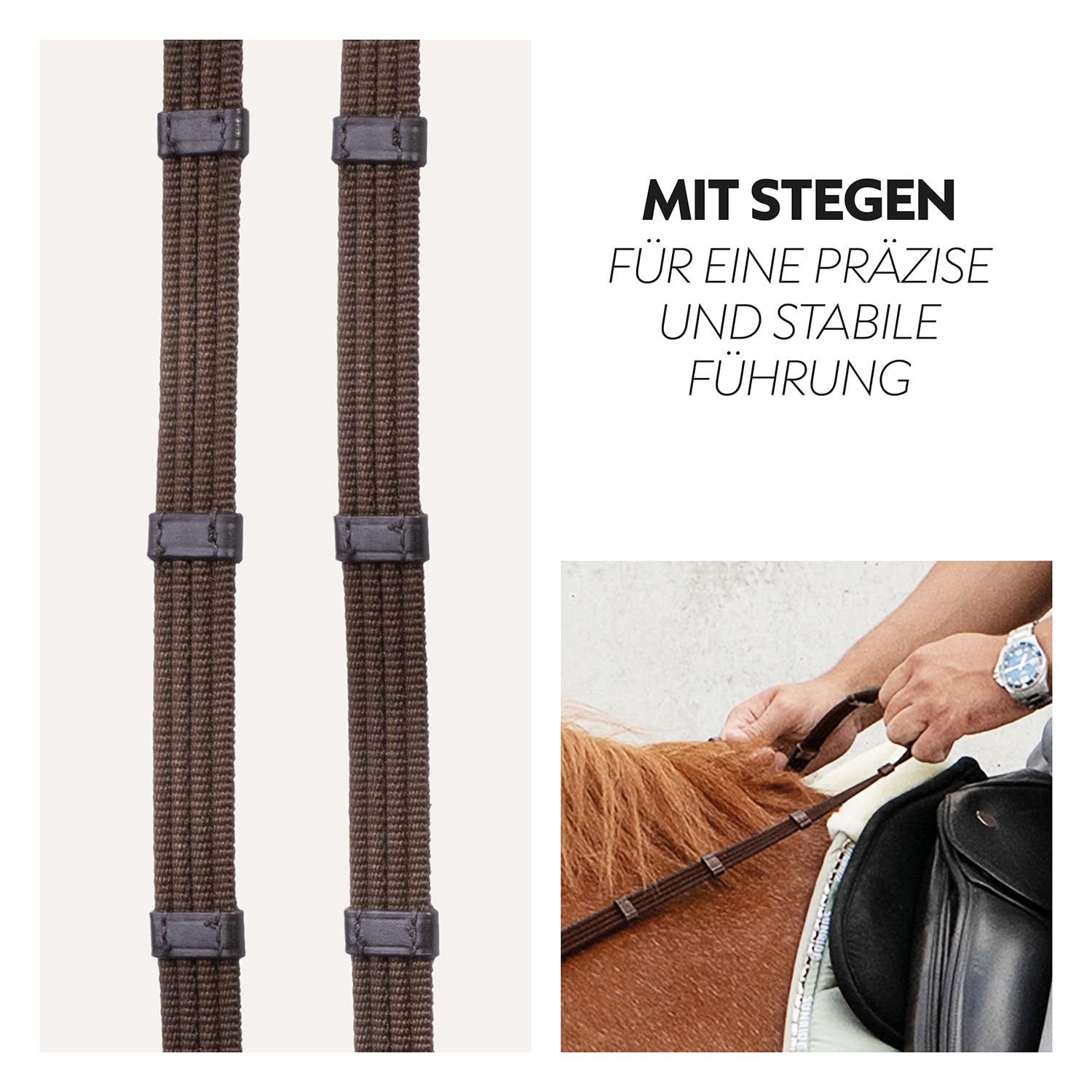 SUNRIDE Sicherheitszügel mit Magnet (NoPanic) für Pferde - Gurtzügel - MagneticForce-Sicherheitssystem - mit Stegen - handgefertigt - Echtleder - (braun, Pony (255 cm))