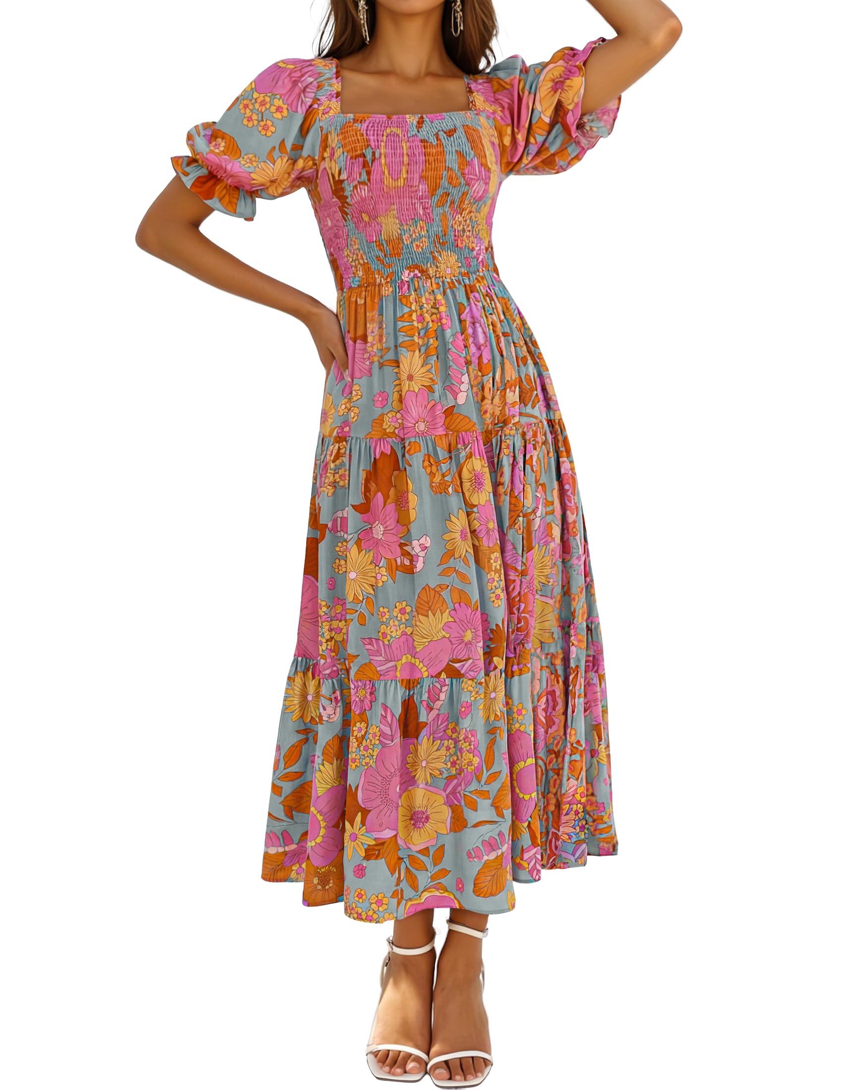 ZESICA Womens 2025 Summer Boho Floral Print Square Neck Ruffle Swing Beach Long Maxi Dress