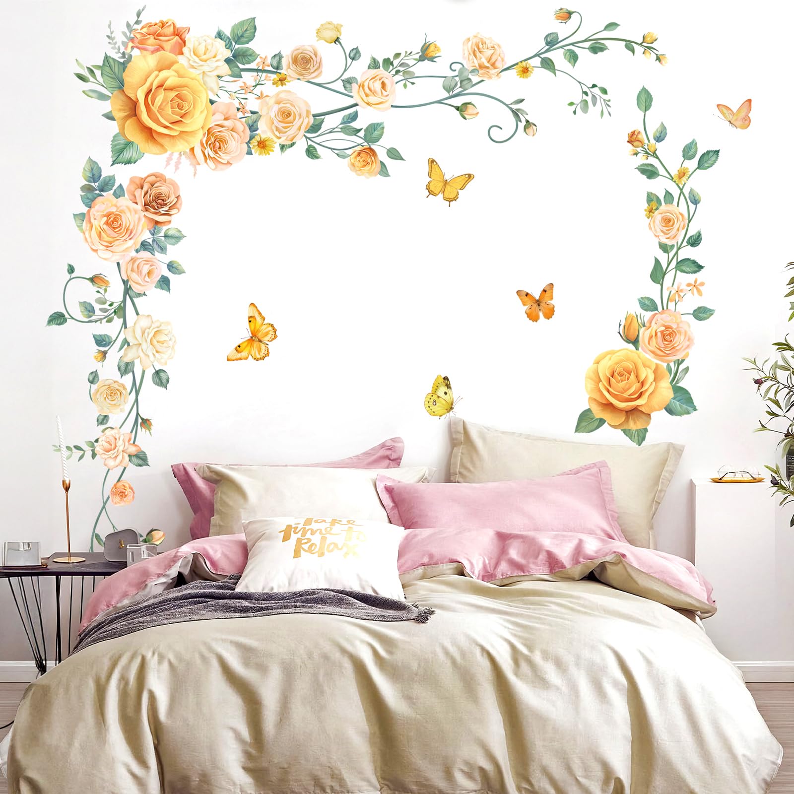 FUFUQUARE Hanging Flower Vine Wall Stickers Removable Elegant Yellow Rose Floral Butterflies Wall Art Decals for Bedroom Living Room Door Furniture Décor - Image 2
