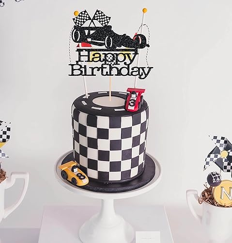 Miniatura 4 de Decoración para pastel de auto de carreras, decoración de pastel de cumpleaños con purpurina negra, decoración de pastel de fiesta de feliz