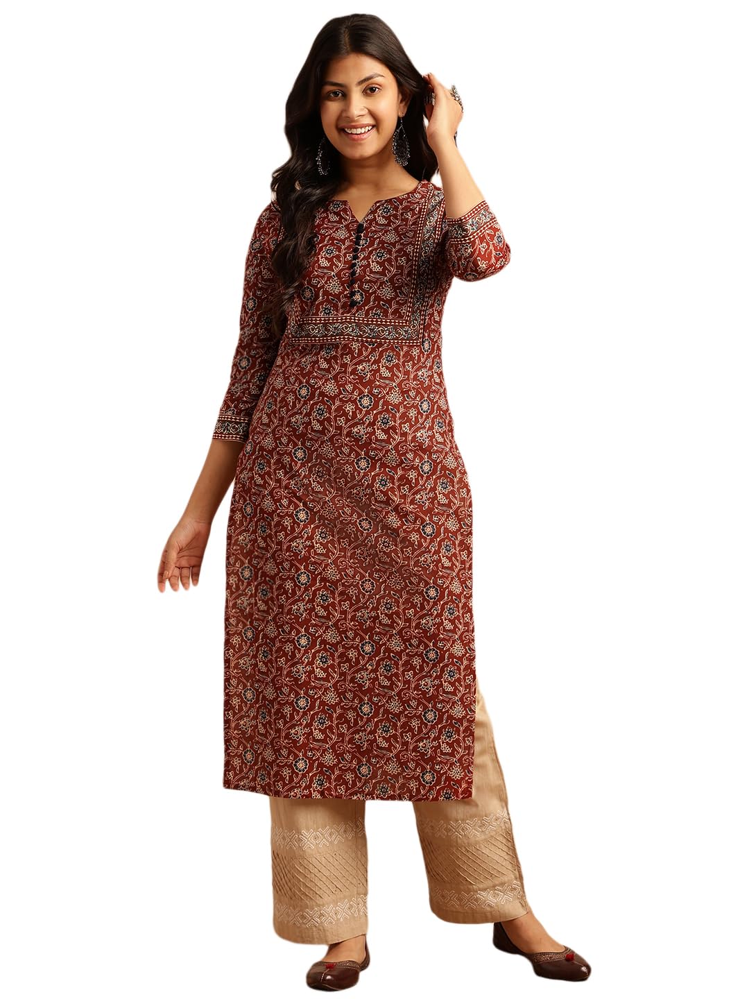 DressBerry Women's Cotton Floral Print with Lace Work Straight Regular Fit Kurta in neutral