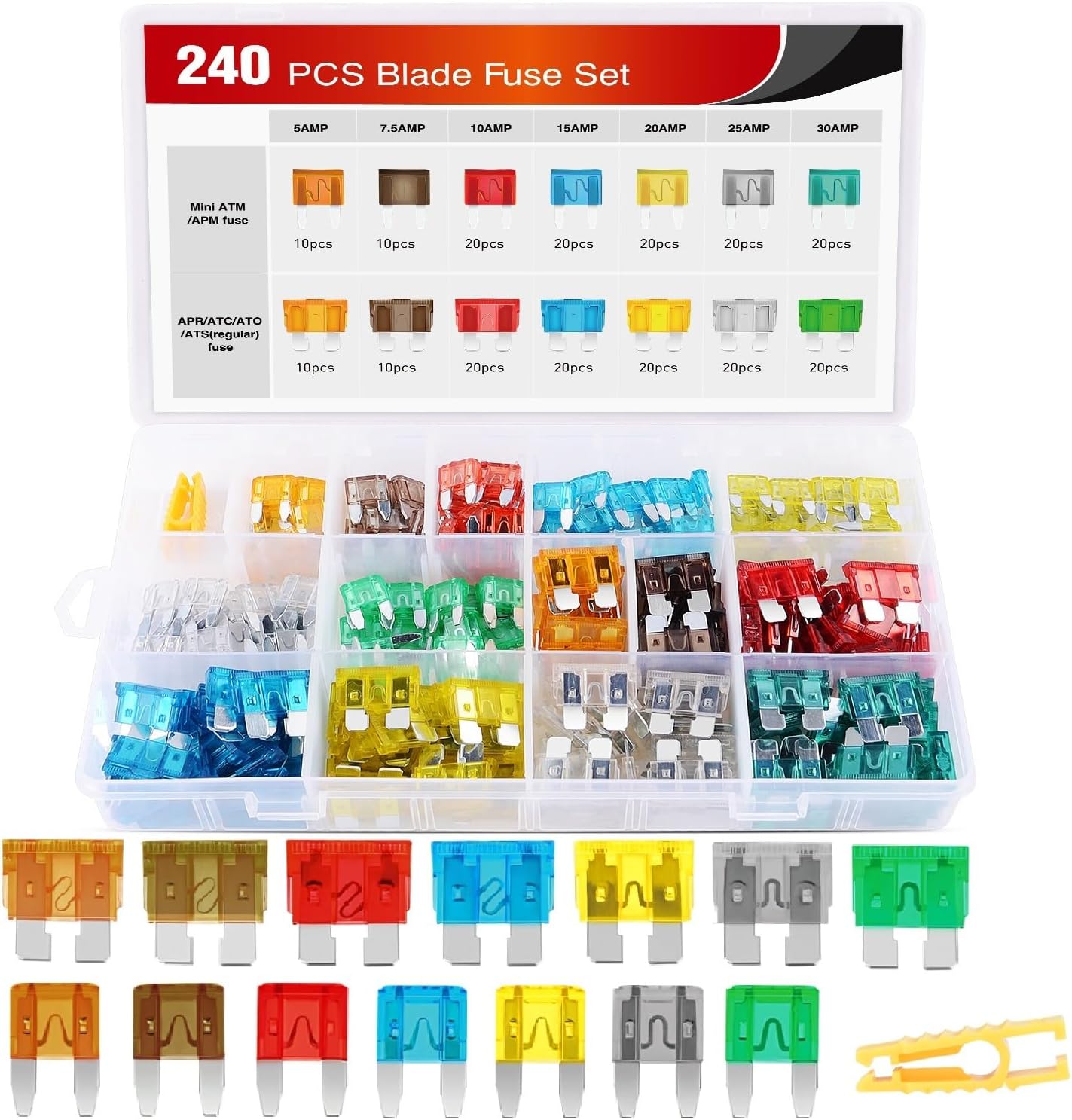 Nilight - 50018R 240Pcs Standard And Mini Blade Fuses Set,5A 7.5A 10A 15A 20A 25A 30A Atc Apr Ato Ats Standard And Atm Apm Mini Automotive Blade Fuse Assortment Kit,2 Years Warranty