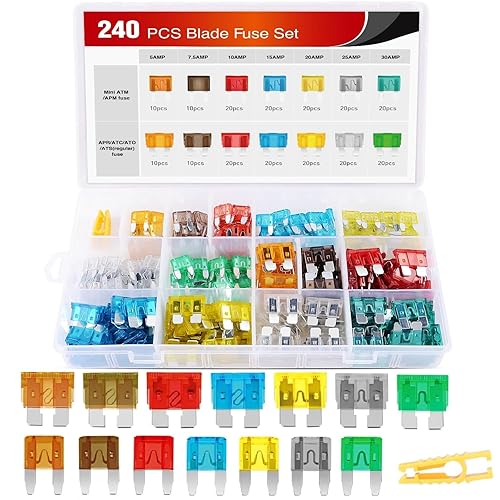 Nilight - 50018R 240 piezas de fusibles estándar y mini con casquillo de cuchilla, 5A 7,5A 10A 15A 20A 25A 30A ATC APR ATO ATS, juego de fusibles