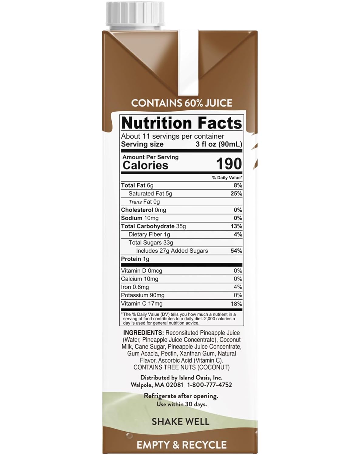 Island Oasis Pina Colada Beverage Mix, 33.8 fl oz (1 Liter) Pack of 2