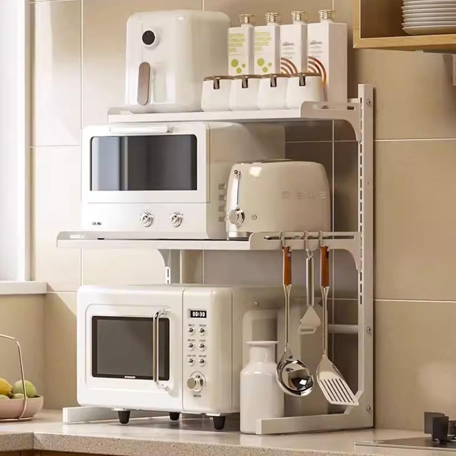 Adjustable 3-Tier Microwave Oven Rack - Extendable Metal Toaster Shelf for Kitchen Countertop Storage (White) - Freestanding Space-Saving Solution