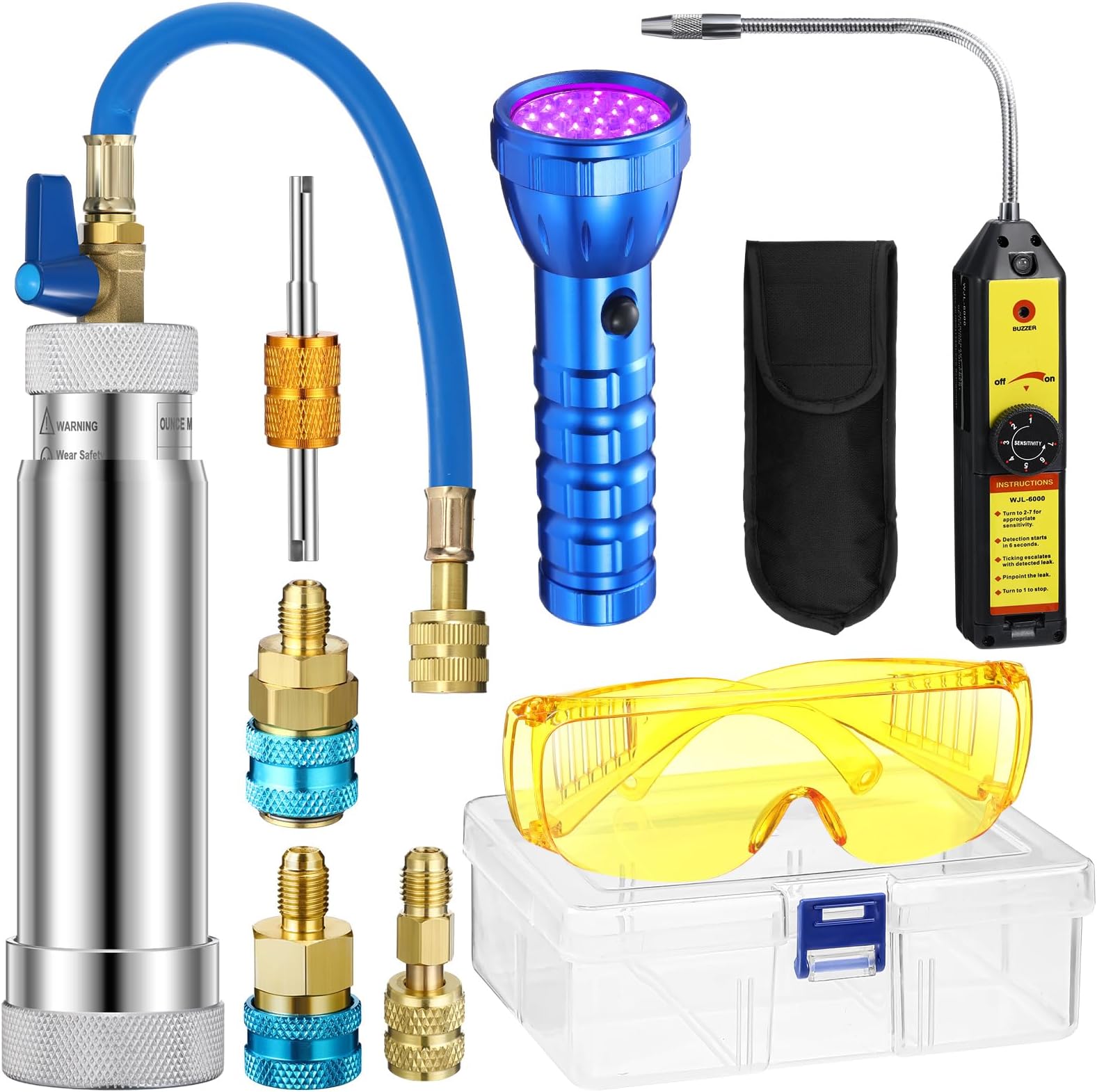 AC Leak Detector Kit, R1234yf R134a R410a AC Oil UV Dye Injector Kit Refrigerant Leak Detector Tool Low Side Quick Coupler Mini Split Adapter Glasses Flashlight(Powerful)