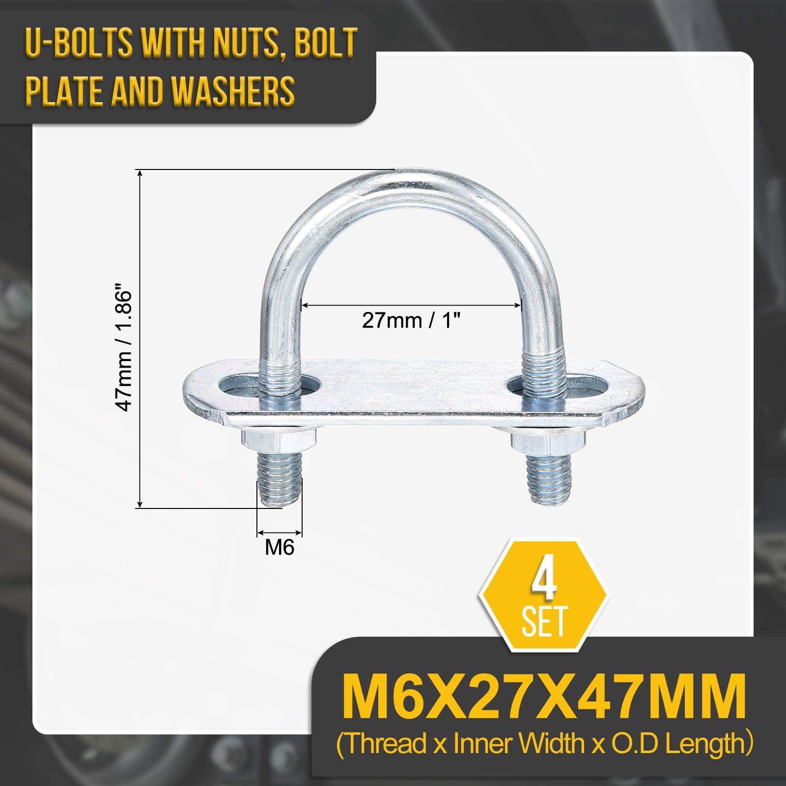 DTGN M6x27x47mm U Bolts Round Kit, 4Set, Carbon Steel U-Bolt Kit with Nuts, Washers, Frame Plate, Good for Pipe Trailer - Image 2