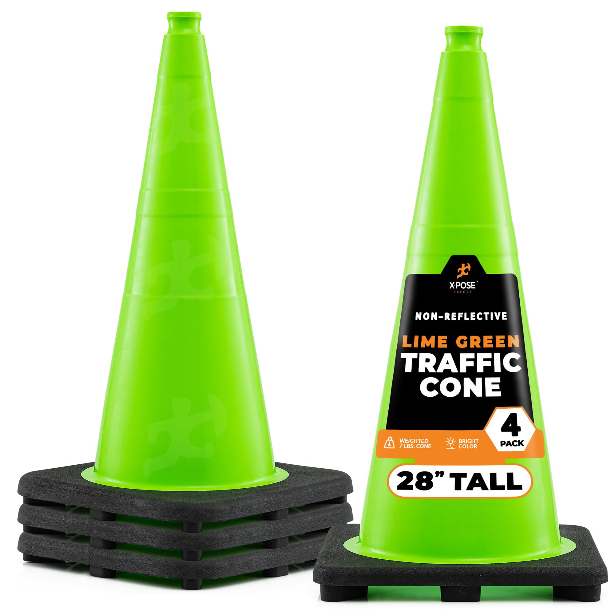 Xpose Safety 28” Lime Green Traffic Cone - 4 Pack - Premium PVC Safety Cone for Parking, Caution, Construction, Road Crews, Emergency Vehicle - MUTCD