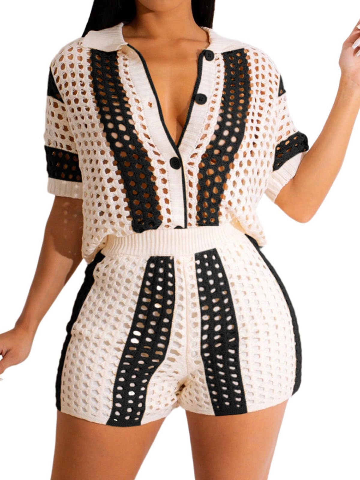 KANSOON Short Sets Women 2 Piece Outfits Knit Color Block Short Sleeve Button Down Shirt and Shorts Set