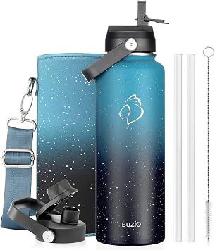 BUZIO Insulated Water Bottle 1.2L Stainless Steel with Straw & Spout Lid