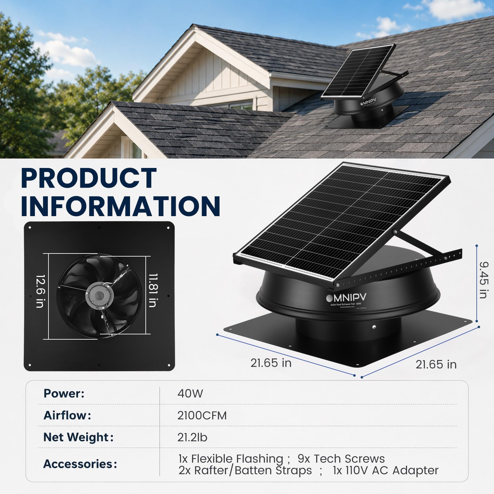 Solar-Hybrid-Dachventilator, 40 W, 2100 CFM Dachmontage, Abluftventilator mit AC-Adapter, 23,9 °C Thermostat, automatisches Ein-/Ausschalten, geräuscharm und wetterfest, für Zuhause, Geschäft