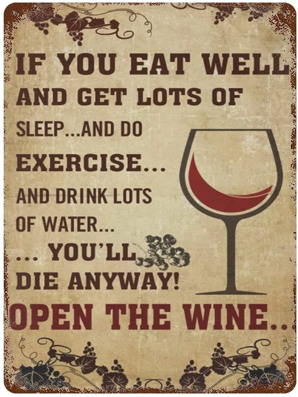 Hlbsdm Tinsign-4 Vintage Wall Decor Metal Plaque If You Eat Well You'll Die Anyway Open The Wine Iron Painting Wall Decor Poster Wall Art Nostalgic Tin Sign For Home Cofe Kitchen Pub Bar 8X12 Inch