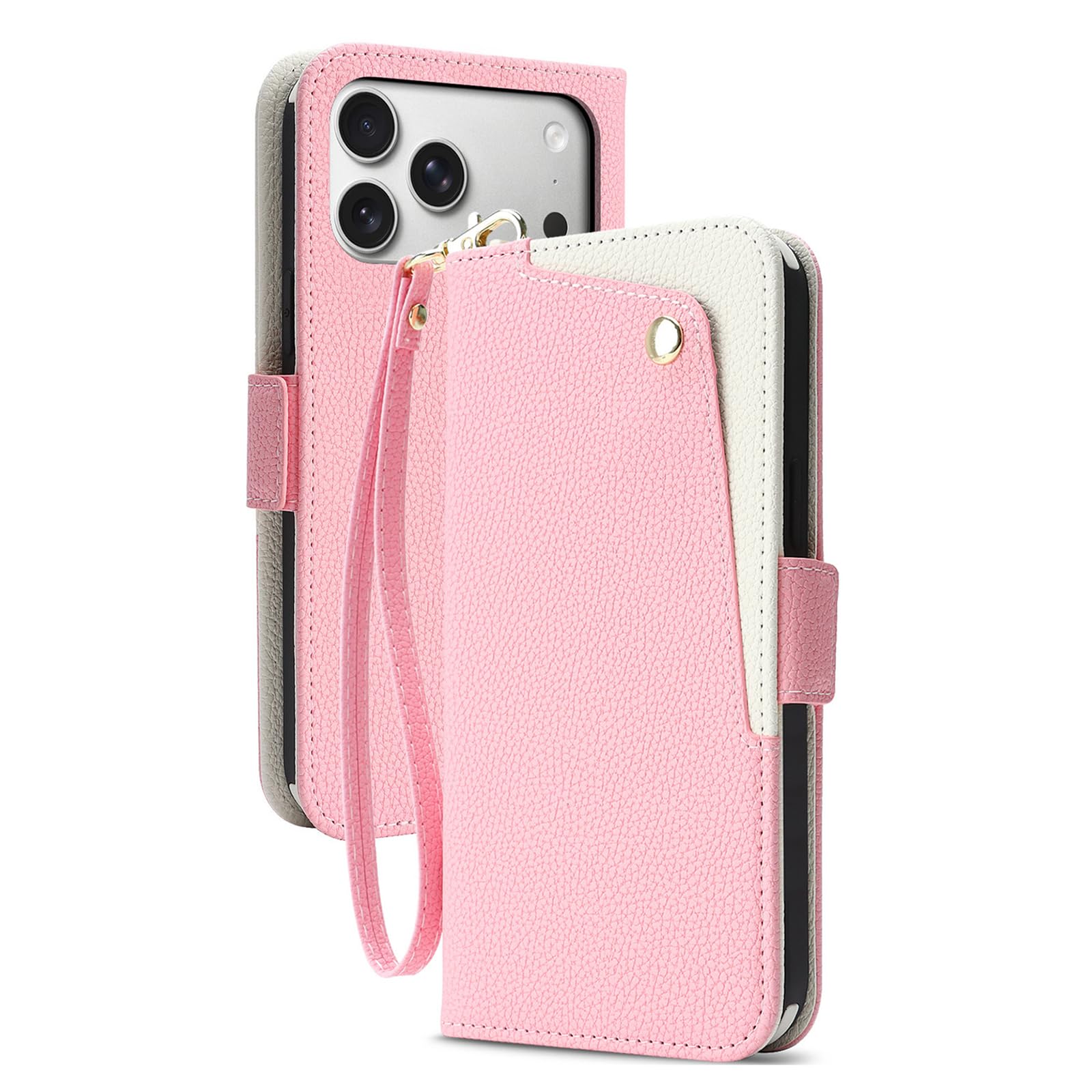 Różowy,17, Skórzane etui do iPhone 17 Pro Max/17 Pro/17 Air/17, Portfel Pokrowiec z klapką Stojak Magnetyczna Adsorpcja Pasek Na Nadgarstek Etui