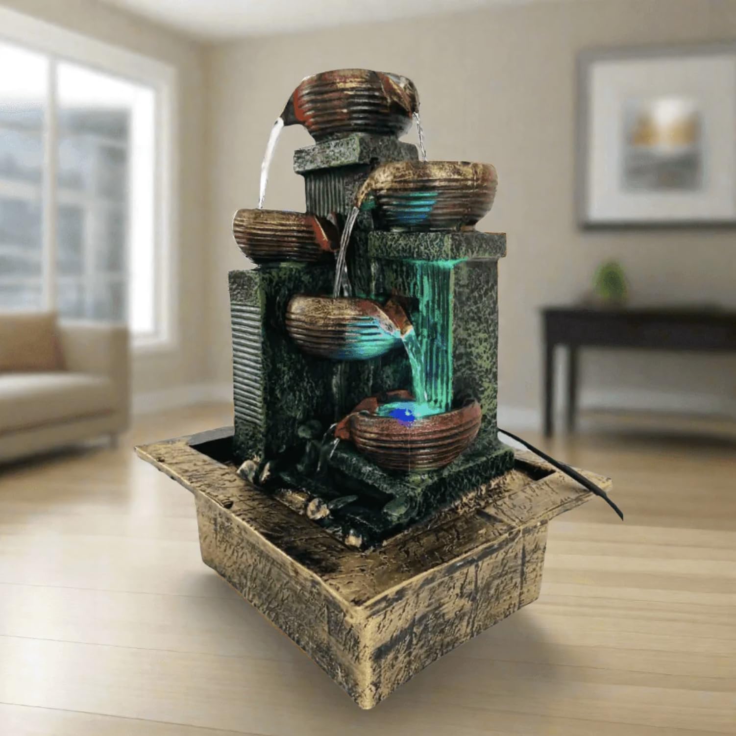 ALILA 16-Inch Waterfall Fountain with LED Lights | Tabletop Indoor Outdoor Water Fountain for Home, Office, Living Room Décor | Vastu Showpiece & Gifting Item