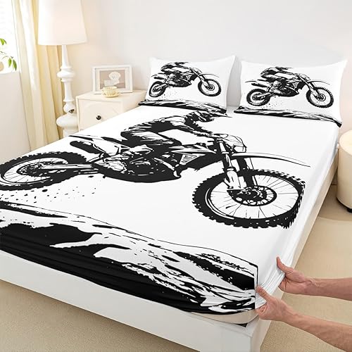 Miniatura 4 de Erosebridal Juego de ropa de cama de bicicleta de tierra tamaño individual, sábana bajera ajustable de corredor de motocross, sábanas de juego de