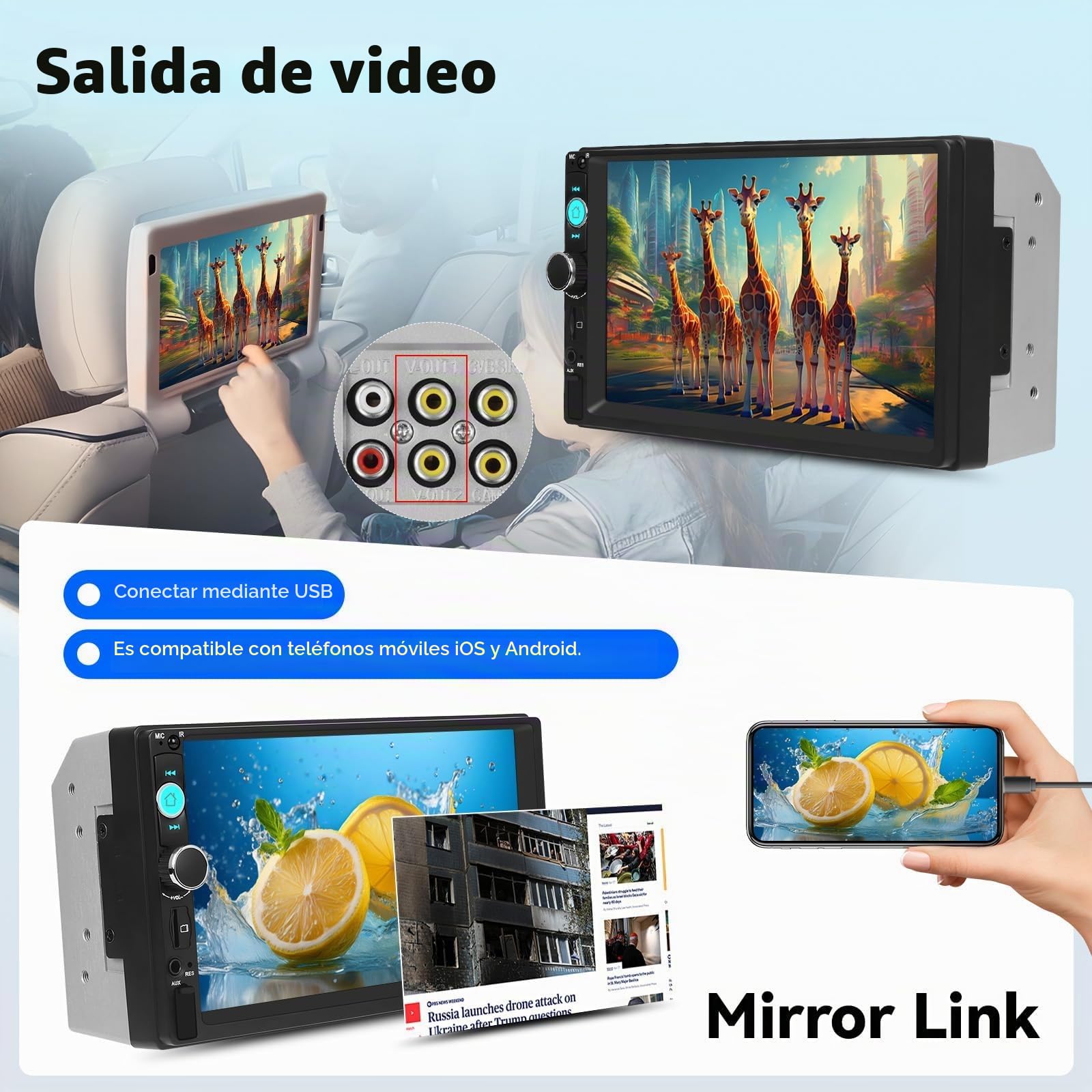 Radio Coche 2 DIN con Pantalla Táctil IPS de 7 Pulgadas Manos Libres, USB, AUX, TF, FM, Pantalla compartida Mirror Link, Reproductor MP5 y cámara de visión Trasera.