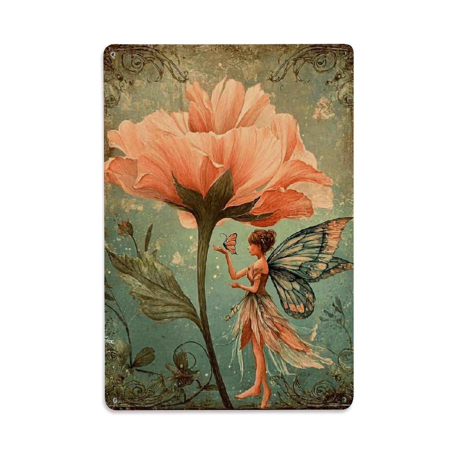 Nestemfo Vintage Fairy With Butterfly Wings Flower Tin Sign Metal Sign, Living Room,Bar, Home, Bedroom Wall Decor,Retro Metal Poster 8X12 Inches