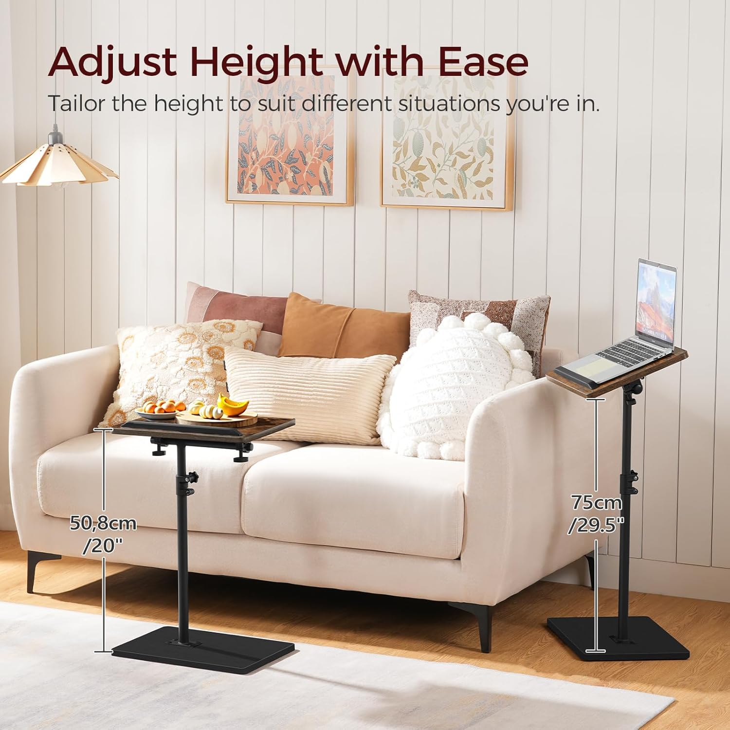 MAHANCRIS TV Tray Table, Height Adjustable TV Trays with 360° Swivel, Space-Saving Side Table for Couch, Multi-Functional Sofa Table with Anti-Slip Bar, Bedside, Rustic Brown and Black ETHR4501