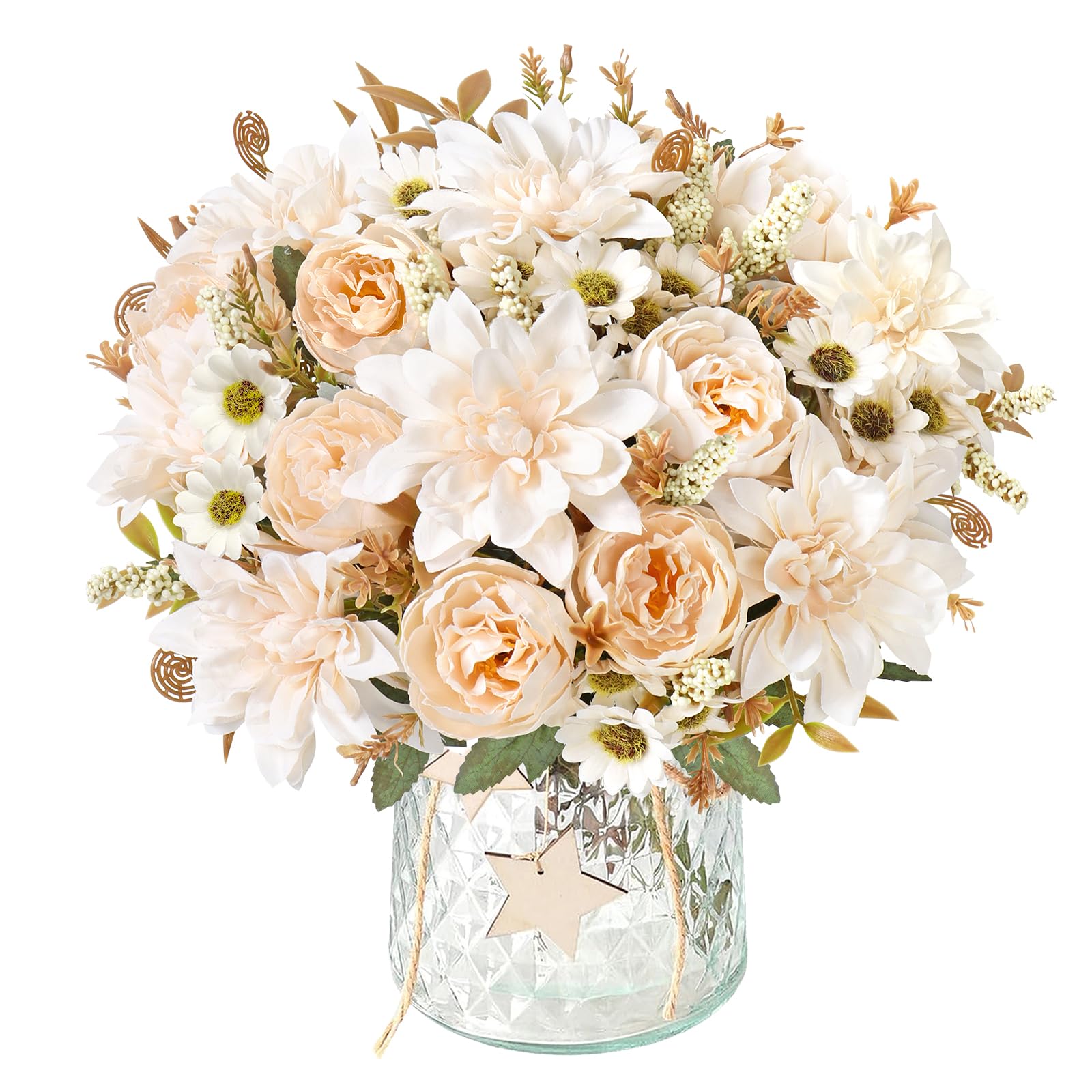 DEMIUKO 4 paquetes de flores artificiales de dalias de champán peonías de seda, ramos de flores artificiales, flores falsas, jarrón, decoración para bodas, fiestas, centros de mesa, arreglos florales