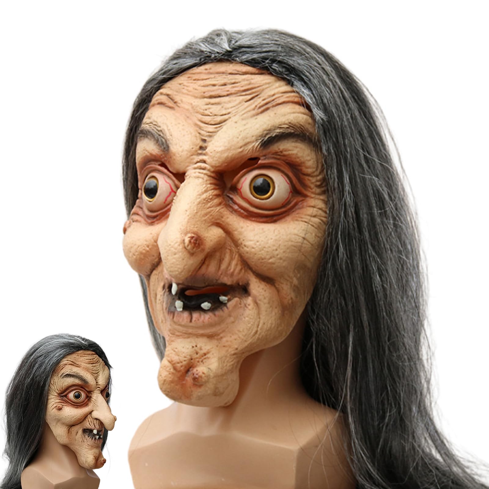 Aofonchy Halloween Latex Witch Mask With Realistic_old_hair, Scary_old_lady Mask, Full Face Mask For Cosplay & Haunted House Props