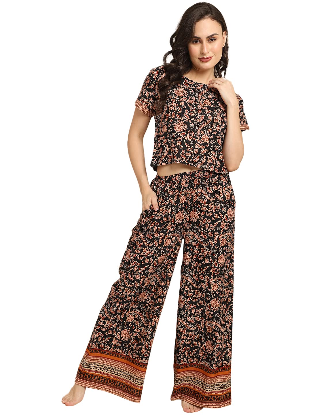 claura Floral Print Black Flared Night Suit for Women/Pajama Set for Women-picture-13