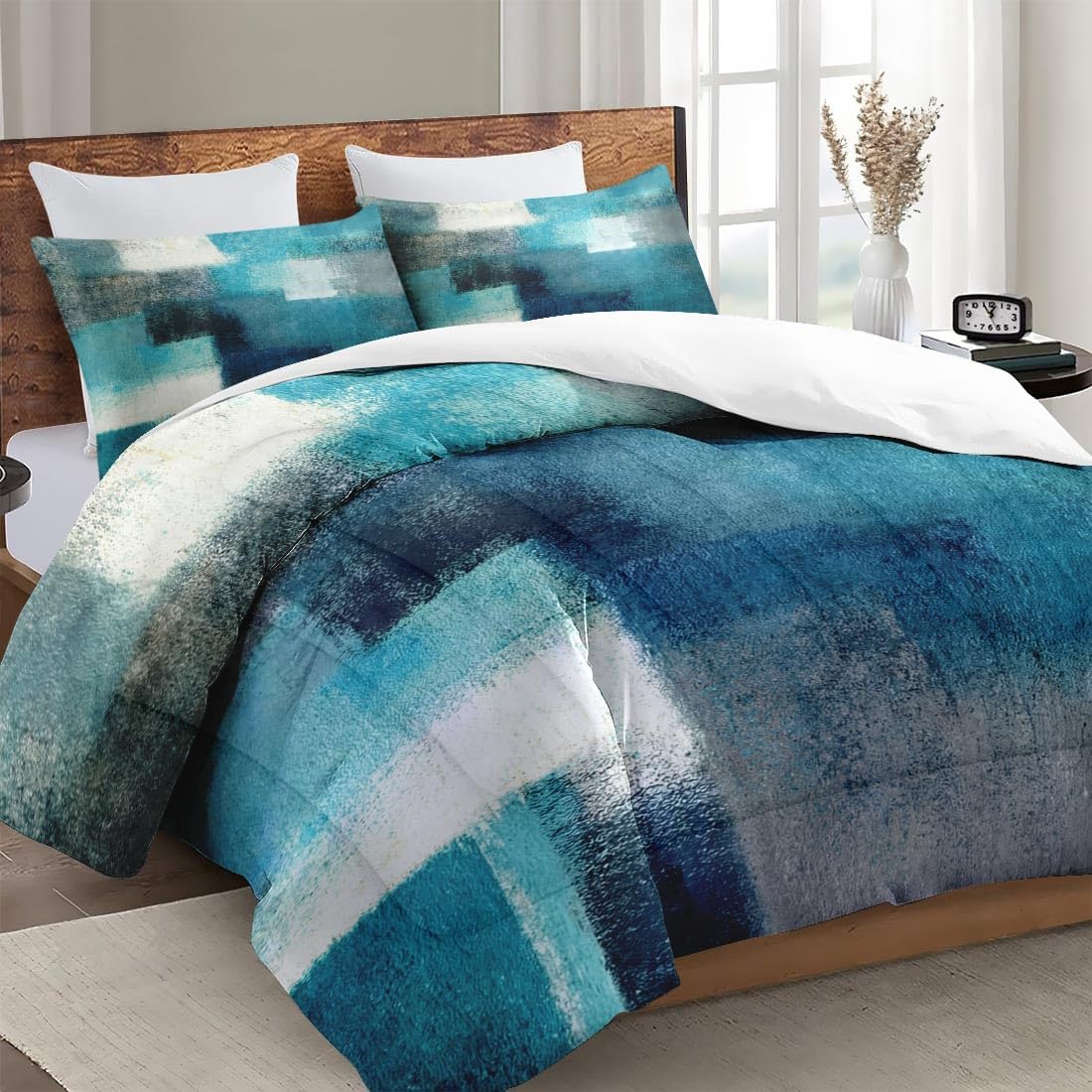Queen Size Comforter Set with 2 Pillowcases, Painting Contemporary Teal Turquoise Grey Soft 3 Pcs Bedding for Kids and Adults Bedroom Bed Decor - Image 3