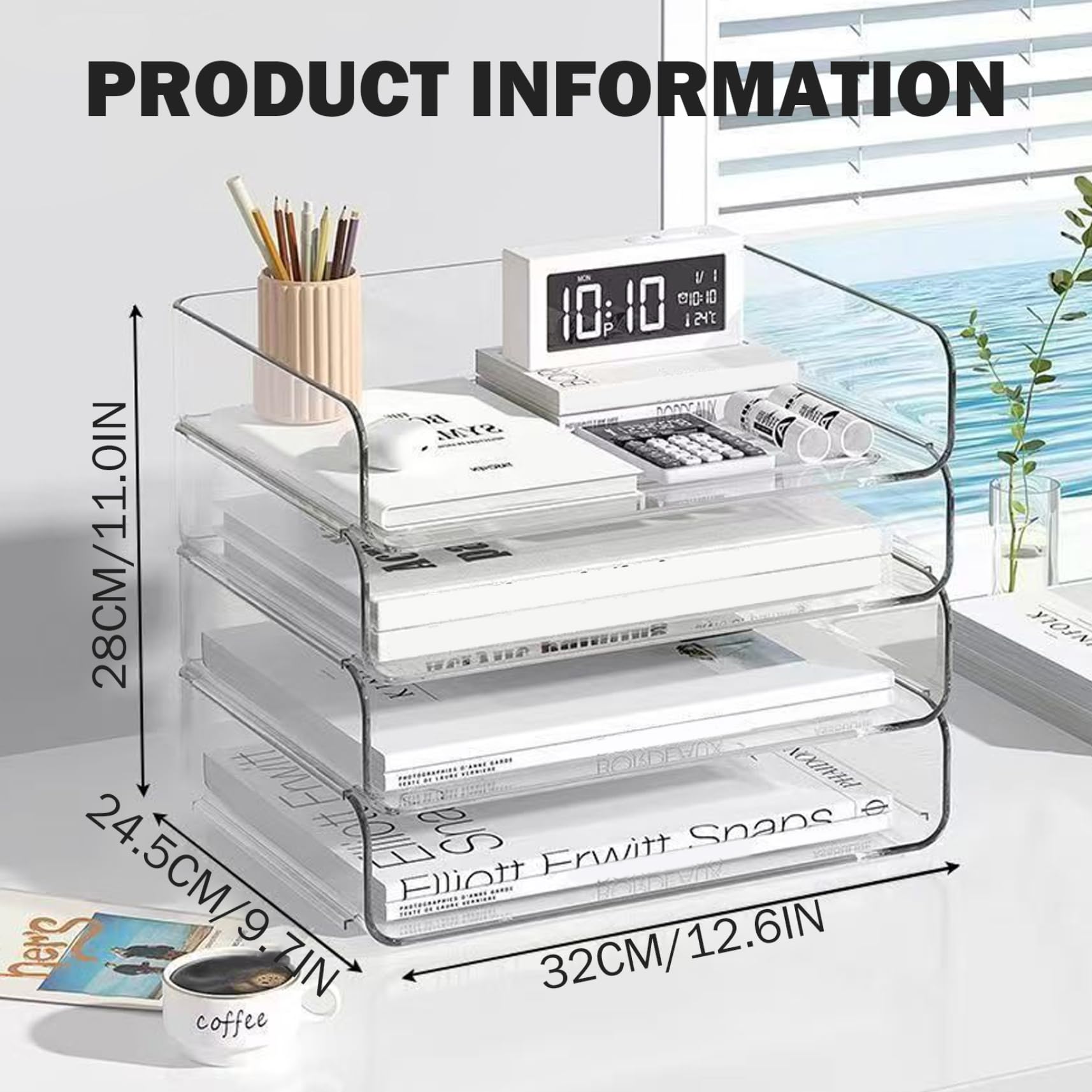Organizador de escritorio acrílico, organizador de escritorio transparente apilable de 4 niveles para papel A4, cartas y libros - Almacenamiento de archivos de PET transparente para o.