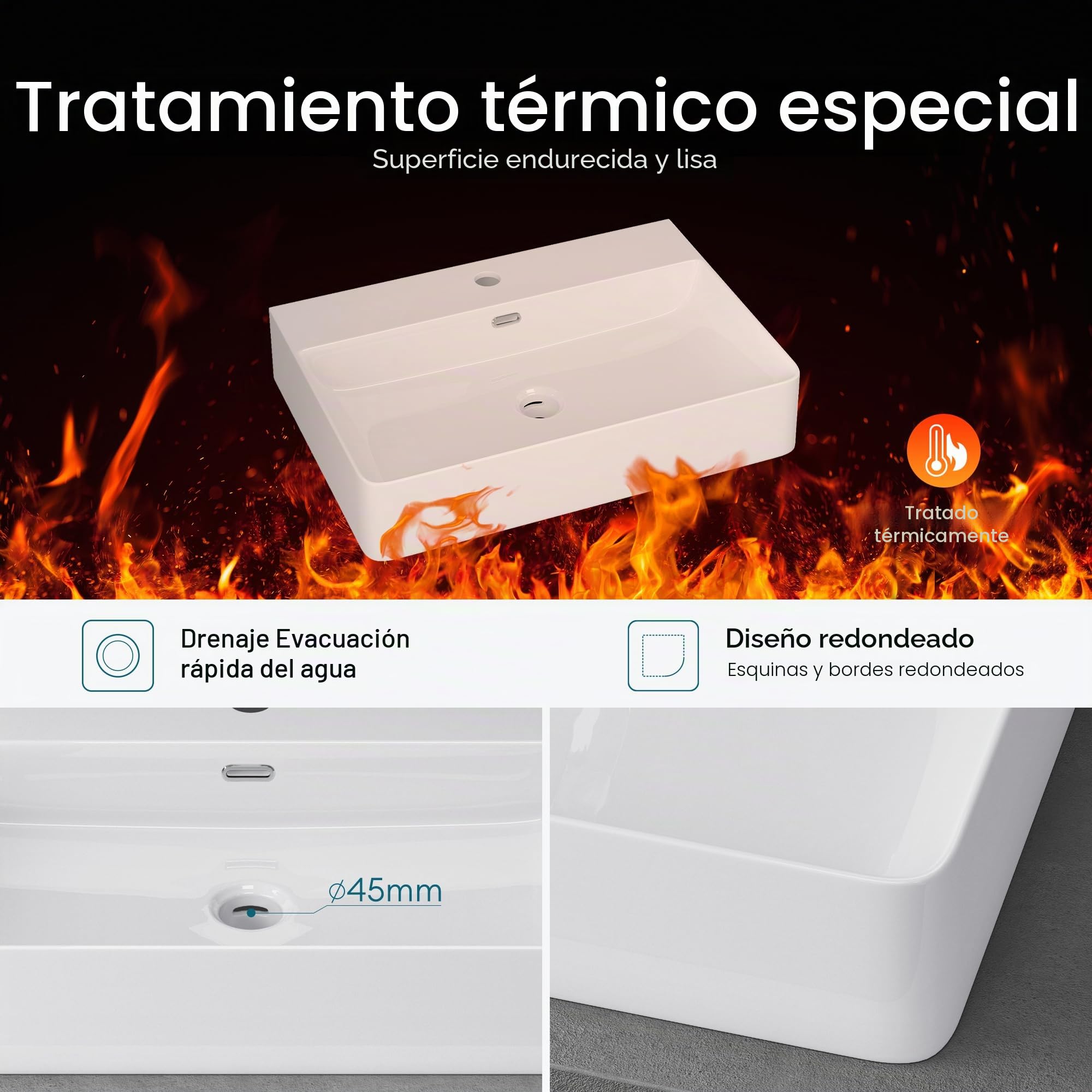 Mai & Mai Lavabo Sobre Encimera Suspendido | Rectangular | Blanco Brillante | Cerámica | 60x42x12cm | Con Orificio para Grifo Con Rebosadero | Meissen201 | Meissen201-600 - Lavabo de baño suspendido, color blanco brillante
