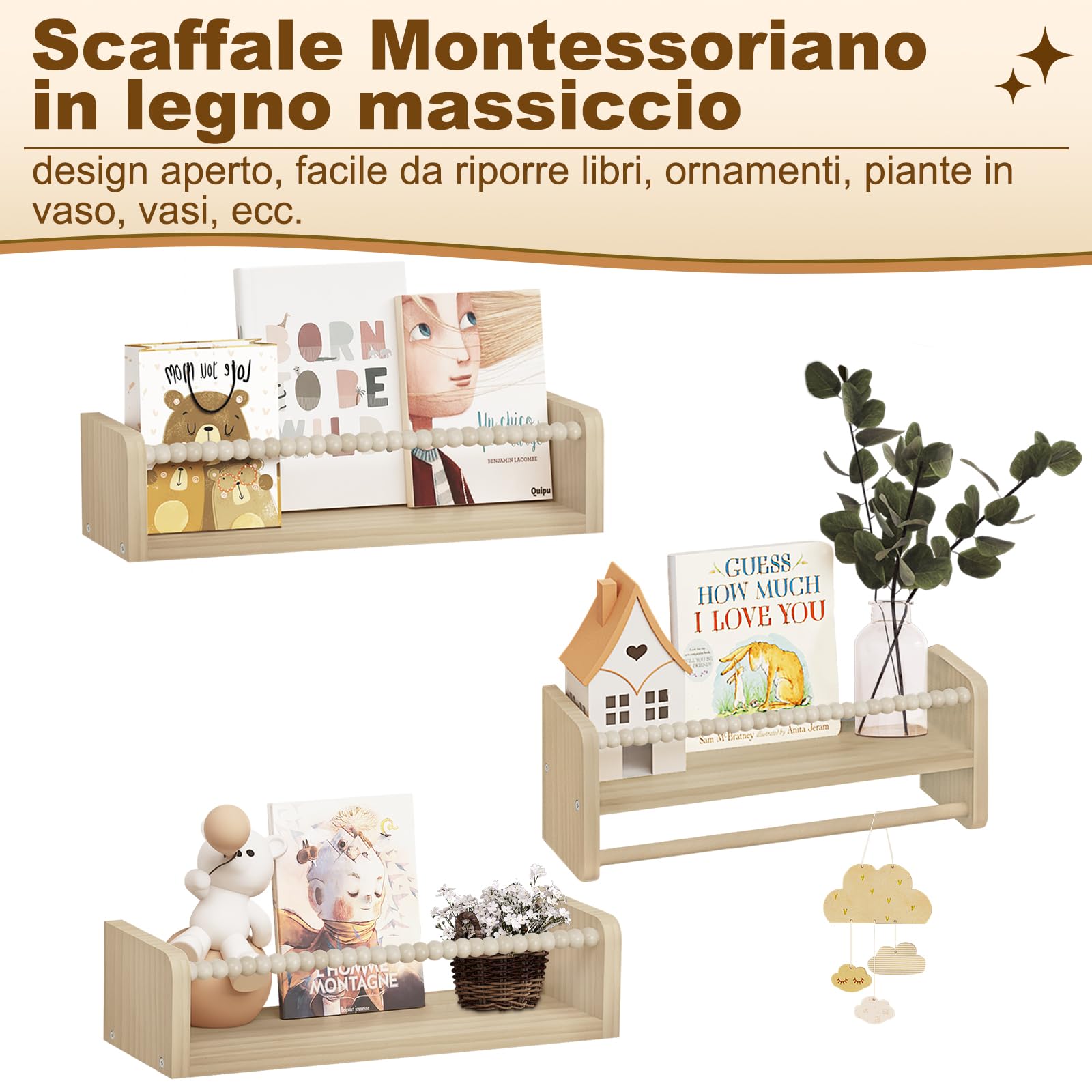 WOLTU Librerie per Bambini da Parete in Legno Massello, 40 cm Set di 3 Porta Libri per Cameretta, Scaffale Libri per Bambini, Librerie da Parete Piccole con Perline