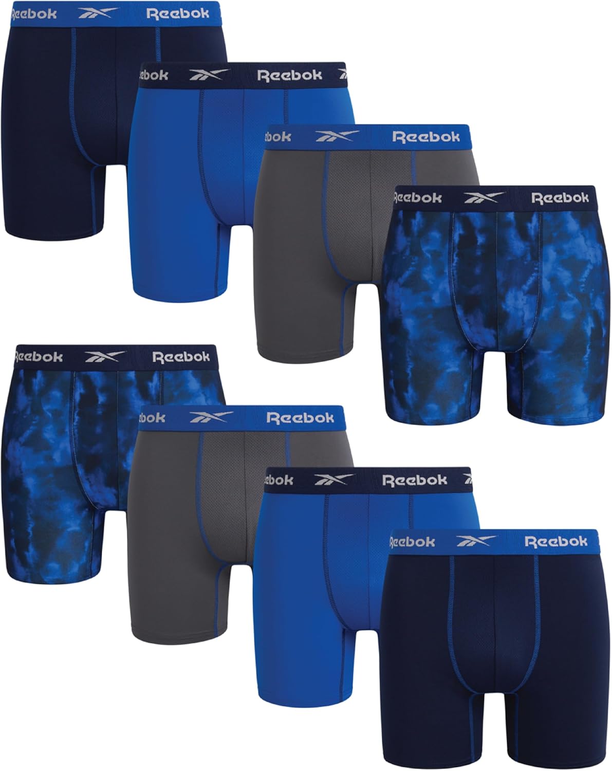 Reebok Mens Boxer Briefs - 8 Pack Stretch Performance Moisture Wicking 6" Inseam Mens Underwear Boxers with Contour Pouch