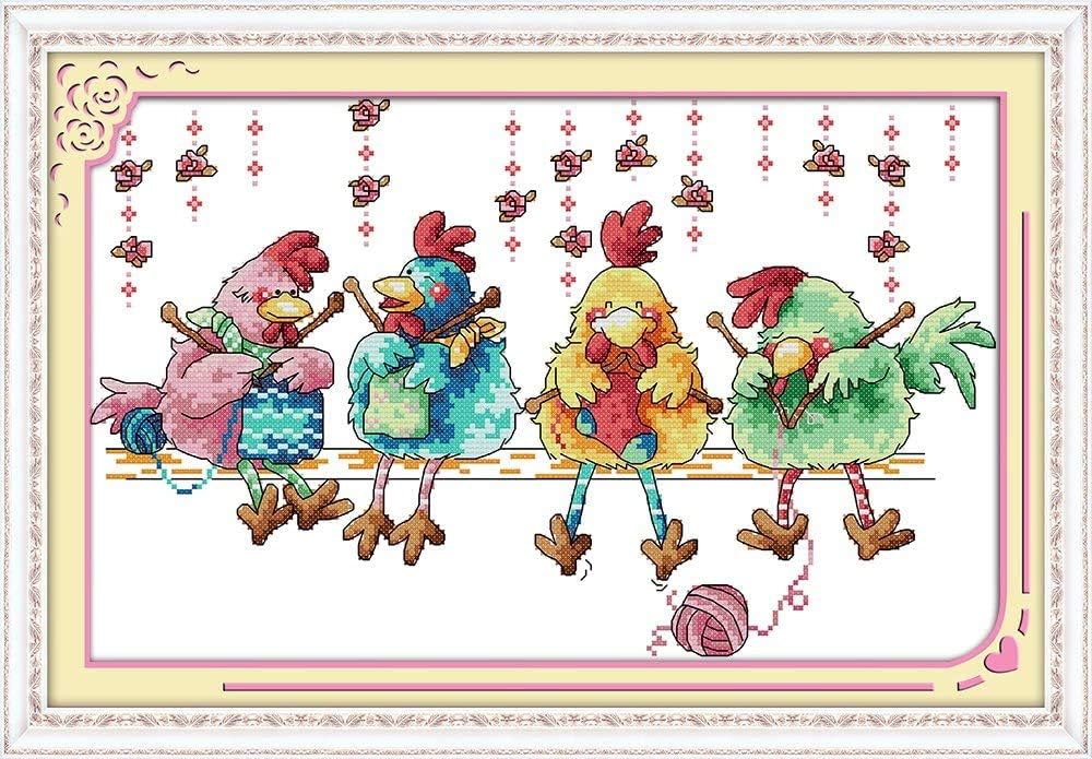 Happy Forever Cross Stitch Kits 11CT Stamped Patterns for Kids and Adults, DIY Preprinted Embroidery kit for Beginner, Cute Animals Set (C622 Knitting Chicken, Size 19''x12'')