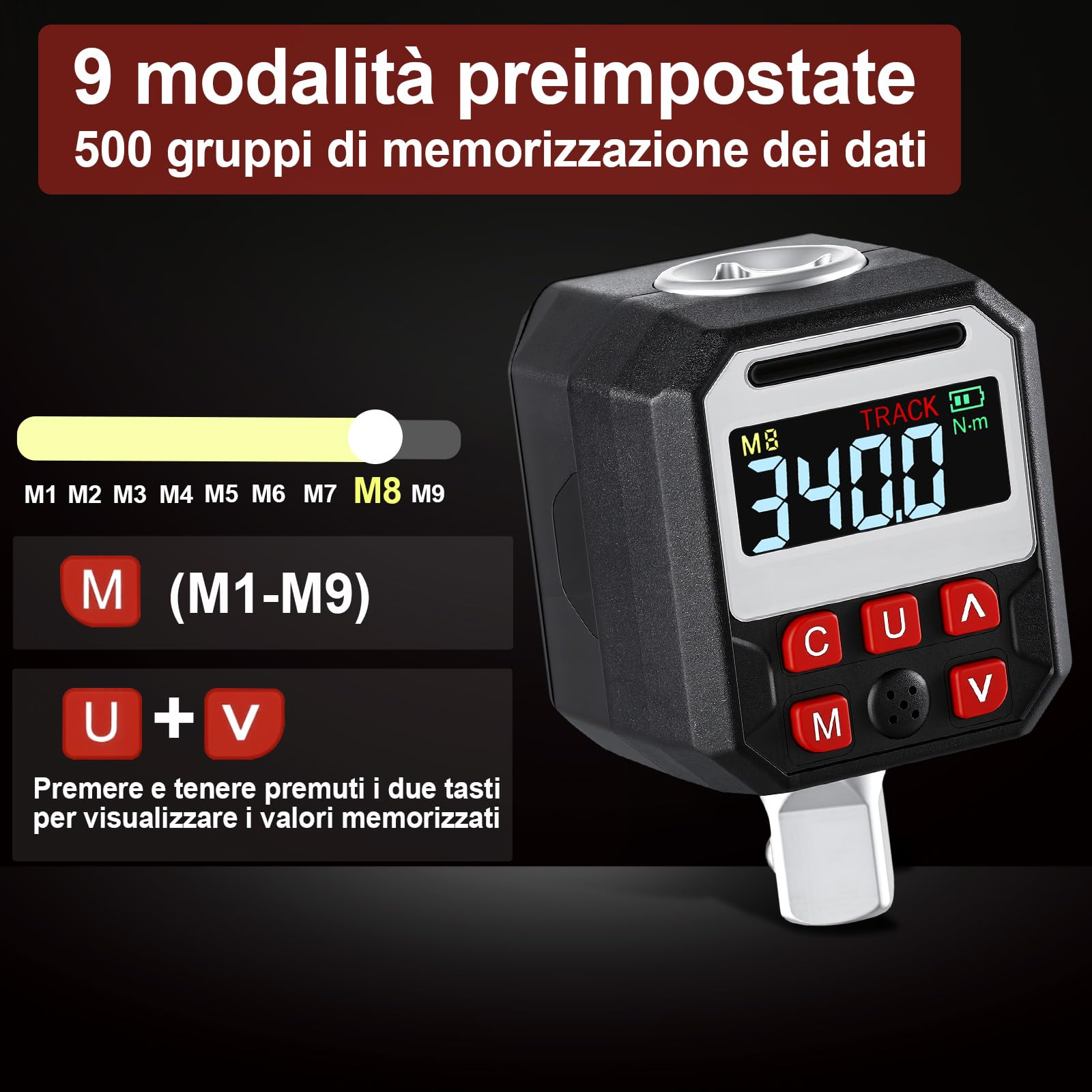 Adattatore Chiave Dinamometrica Digitale, 1/2" Chiave a Coppia Momento con Precisione ±2%, Display LED e Suoneria, Inclusi Adattatori 3/8" e 1/4", per Bici, Moto e Auto (17-340Nm)