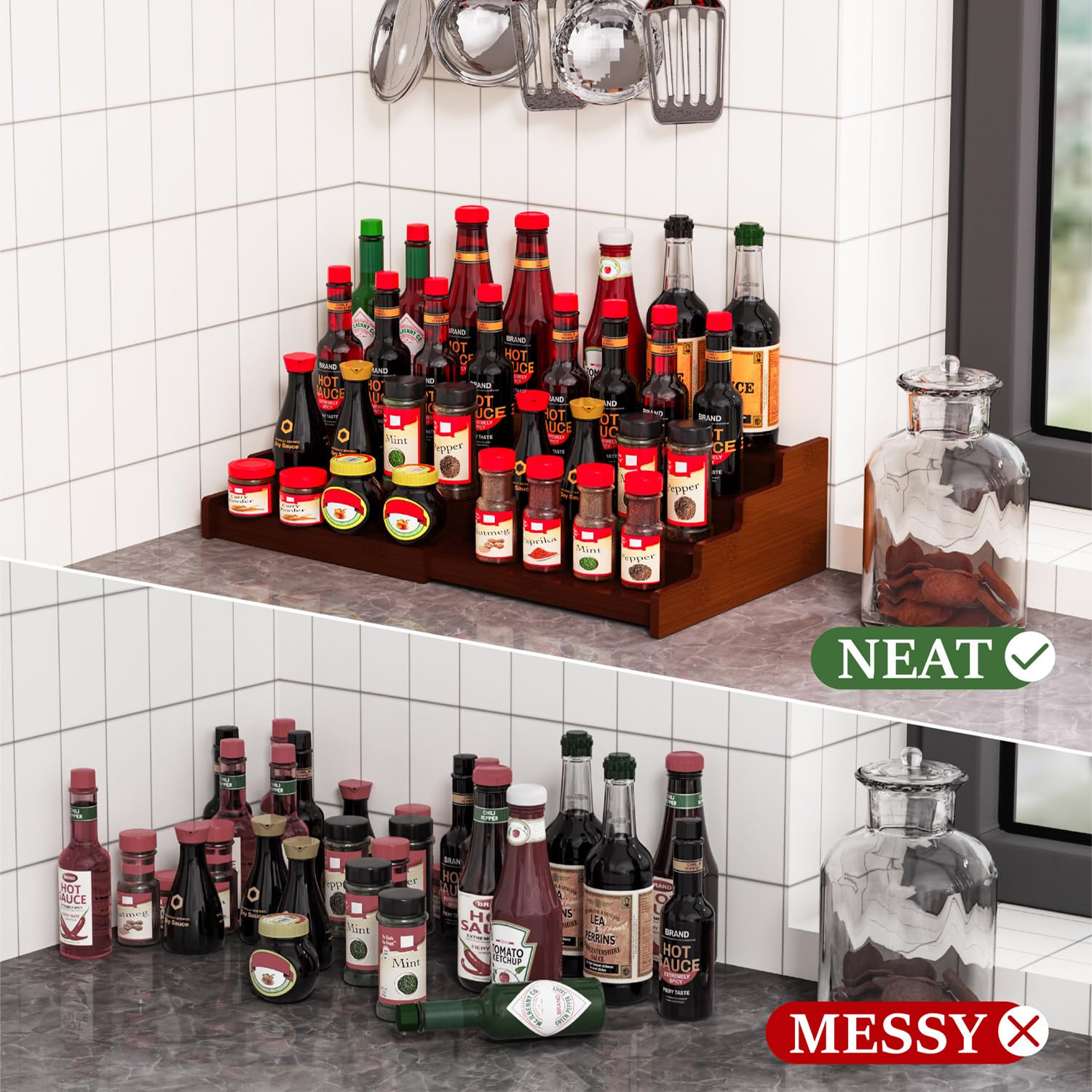 Lot de 2 étagères à épices extensibles à 4 niveaux en bambou pour armoire de cuisine, garde-manger et plan de travail, marron