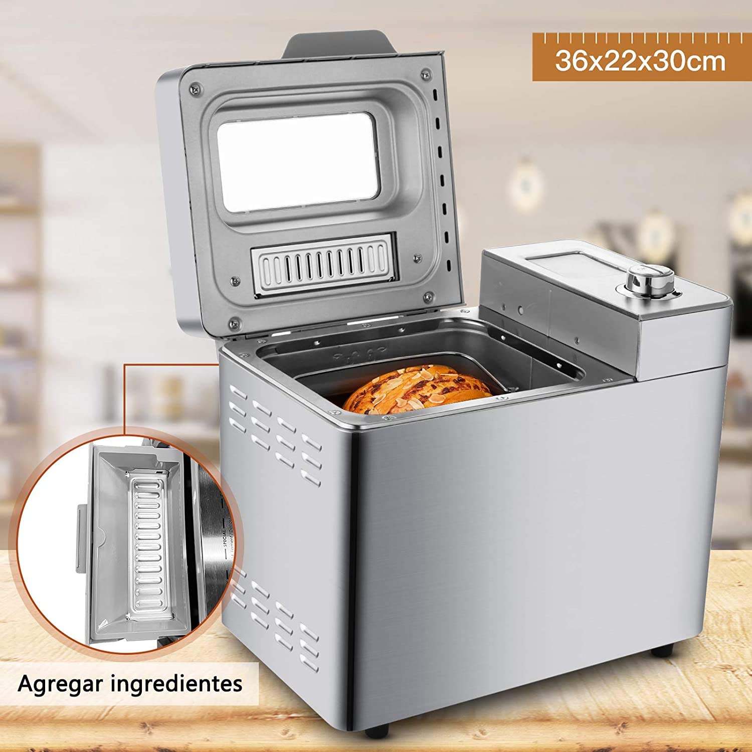 COOCHEER Brotbackautomat mit Kapazität bis zu 900 g, intelligente und automatische Programme, 3 Brotgrößen, 550 W, 36 x 22 x 30 cm, silber
