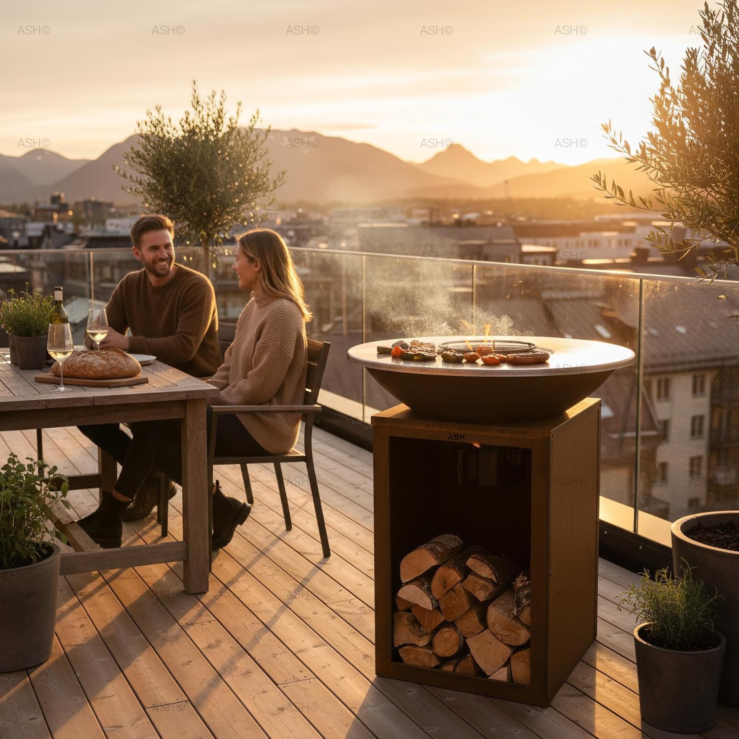 Plancha - BBQ - Barbecue - Acier Corten - Plaque de cuisson - Ø81 cm - Extérieur - Rangement bois - Plancha - Ash Solaris - XXL - Anneau de barbecue - Cheminée de jardin - Barbecue - Aspect luxueux