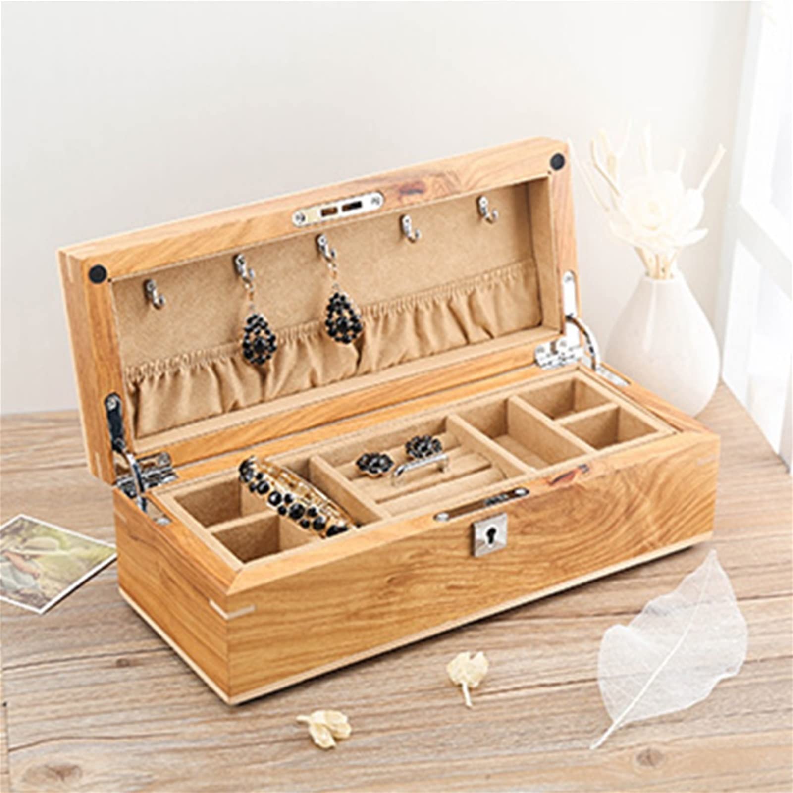 2 Layers Jewelry Storage Case Wooden Jewelry Box Jewelry Display Box with Lock Jewelry Organizer Jewelry Storage Box