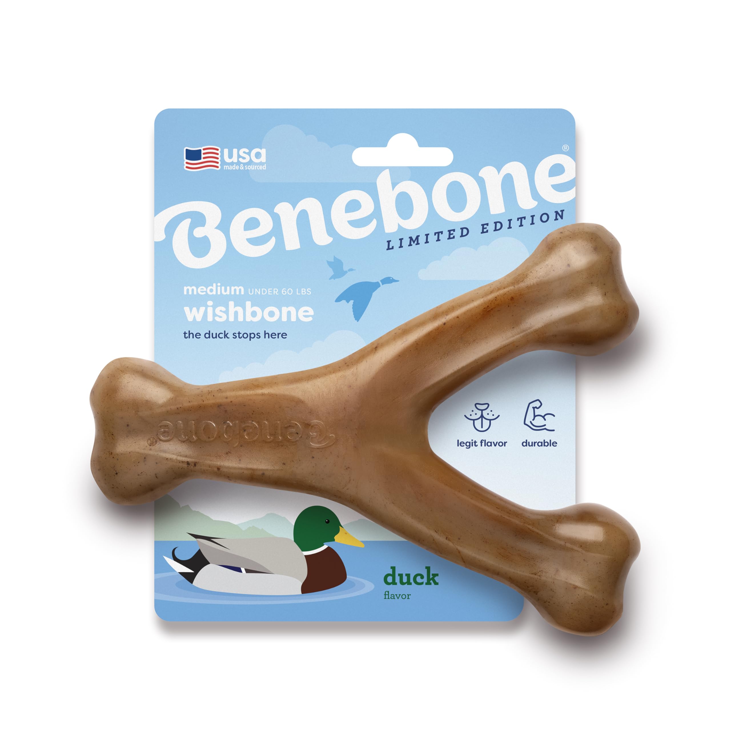 Benebone Wishbone Durable Dog Chew Toy for Aggressive Chewers Duck, Made in USA, Medium, Brown