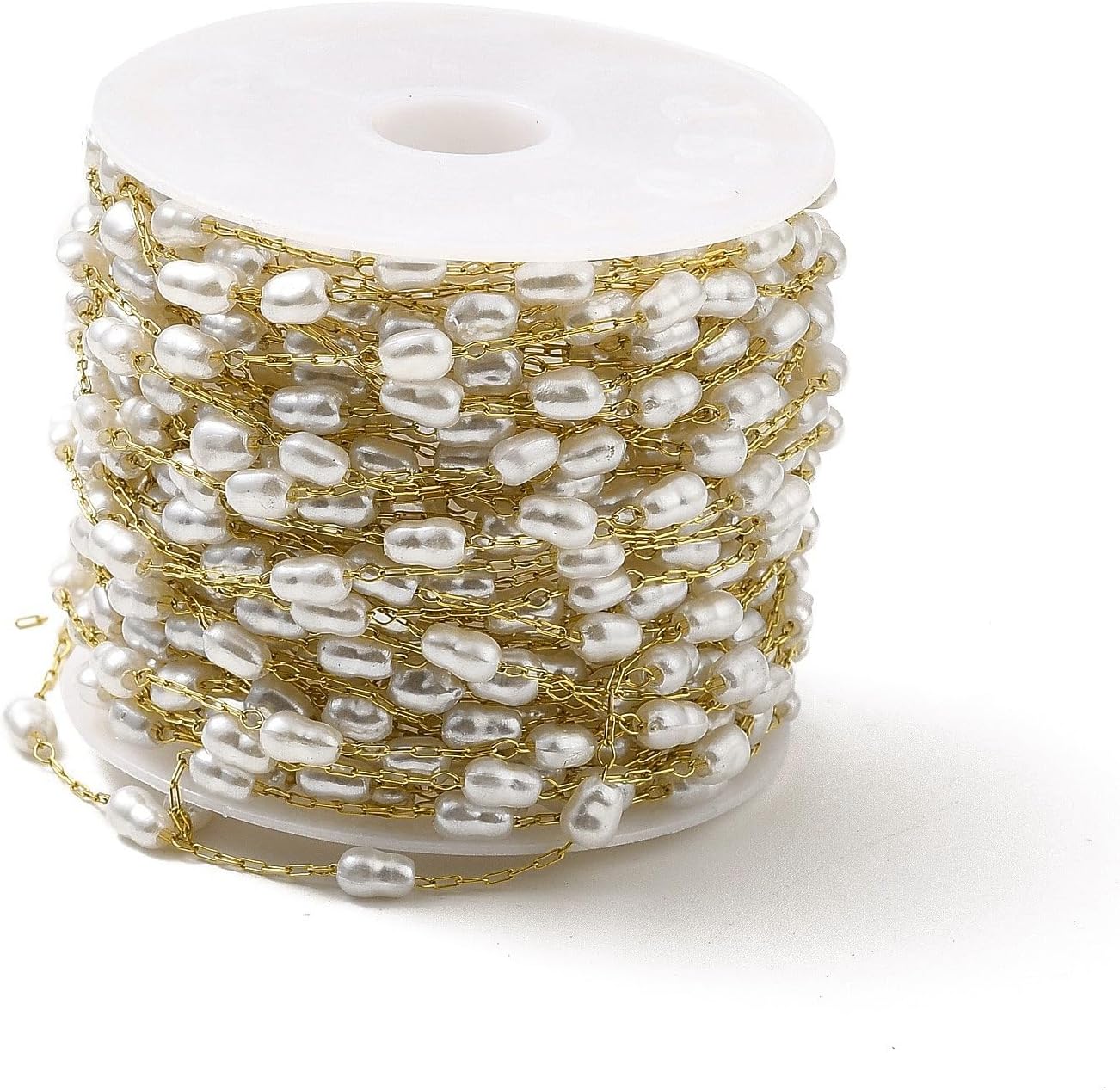 LiQunSweet 32.8 Feet(10m) Golden Pearl Chain Stainless Steel Paperclip Chains with Imitation Pearl Bead Chains with Spool for Jewelry Making