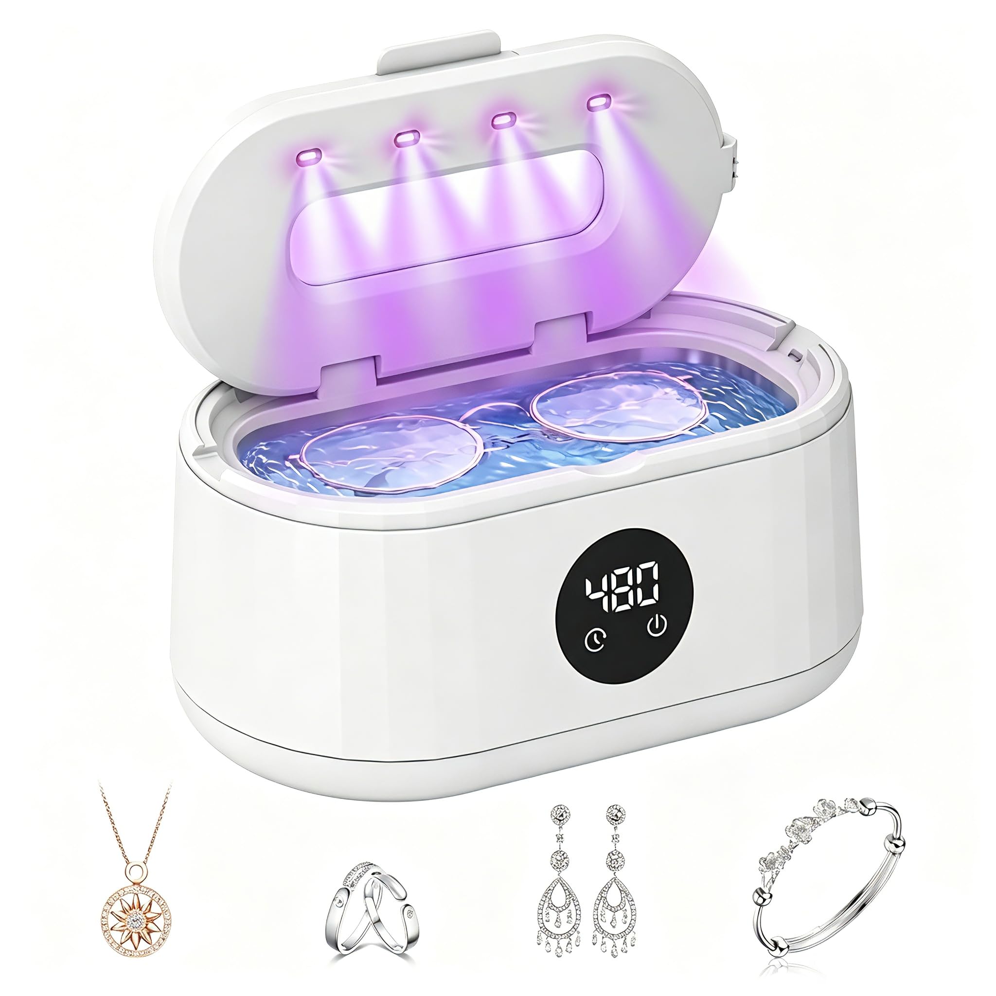 Limpiador ultrasónico de joyas, máquina limpiadora ultrasónica de 50 kHz para joyas, lentes, anillos, correas de reloj, cabezales de cepillo de dientes, dentaduras postizas, retenedores, modo de