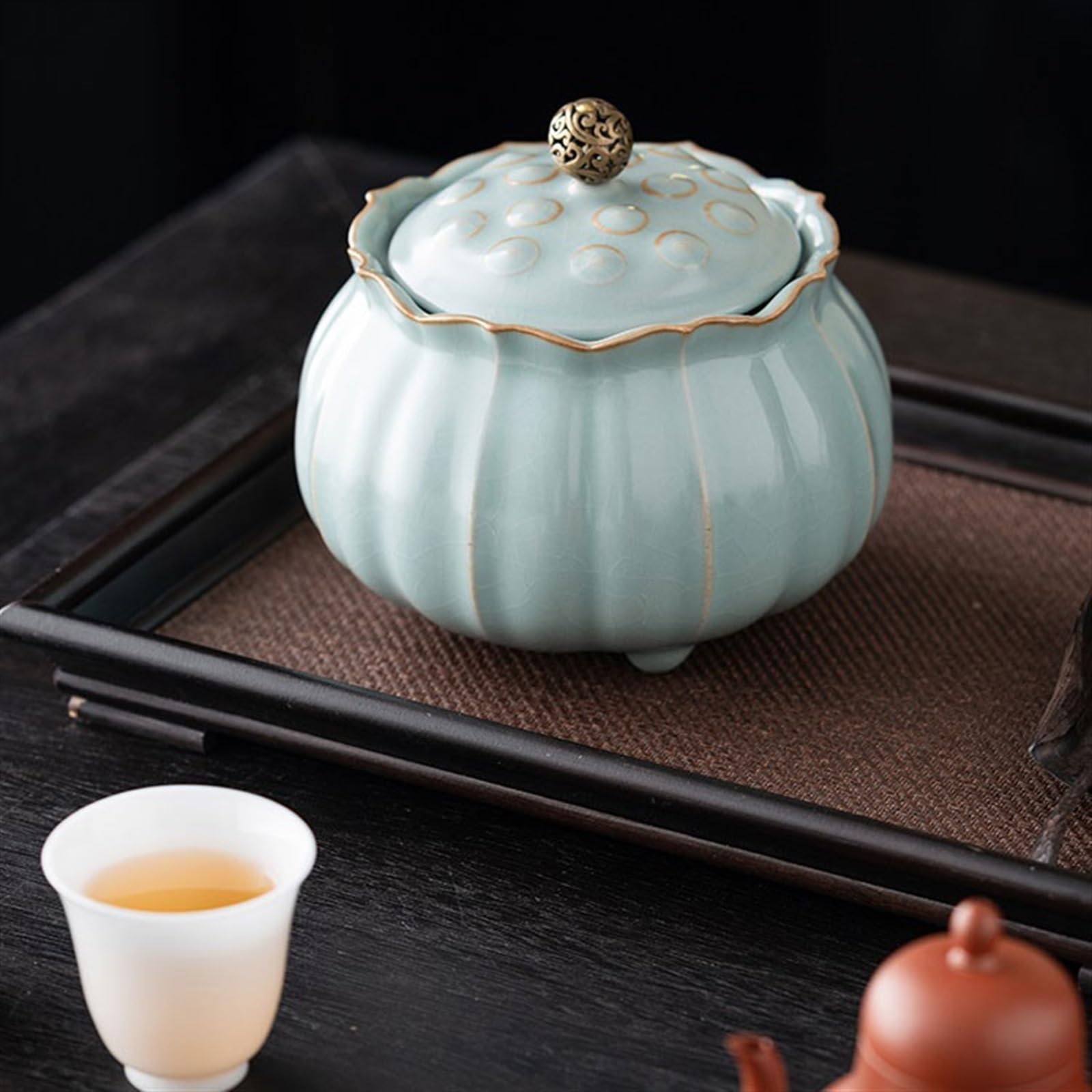 Lata de té Recipiente for té de cerámica Estilo Chino RU Kiln, Caja Vintage, almacén, Tarro Almacenamiento Gran Capacidad Carrito de té(A)