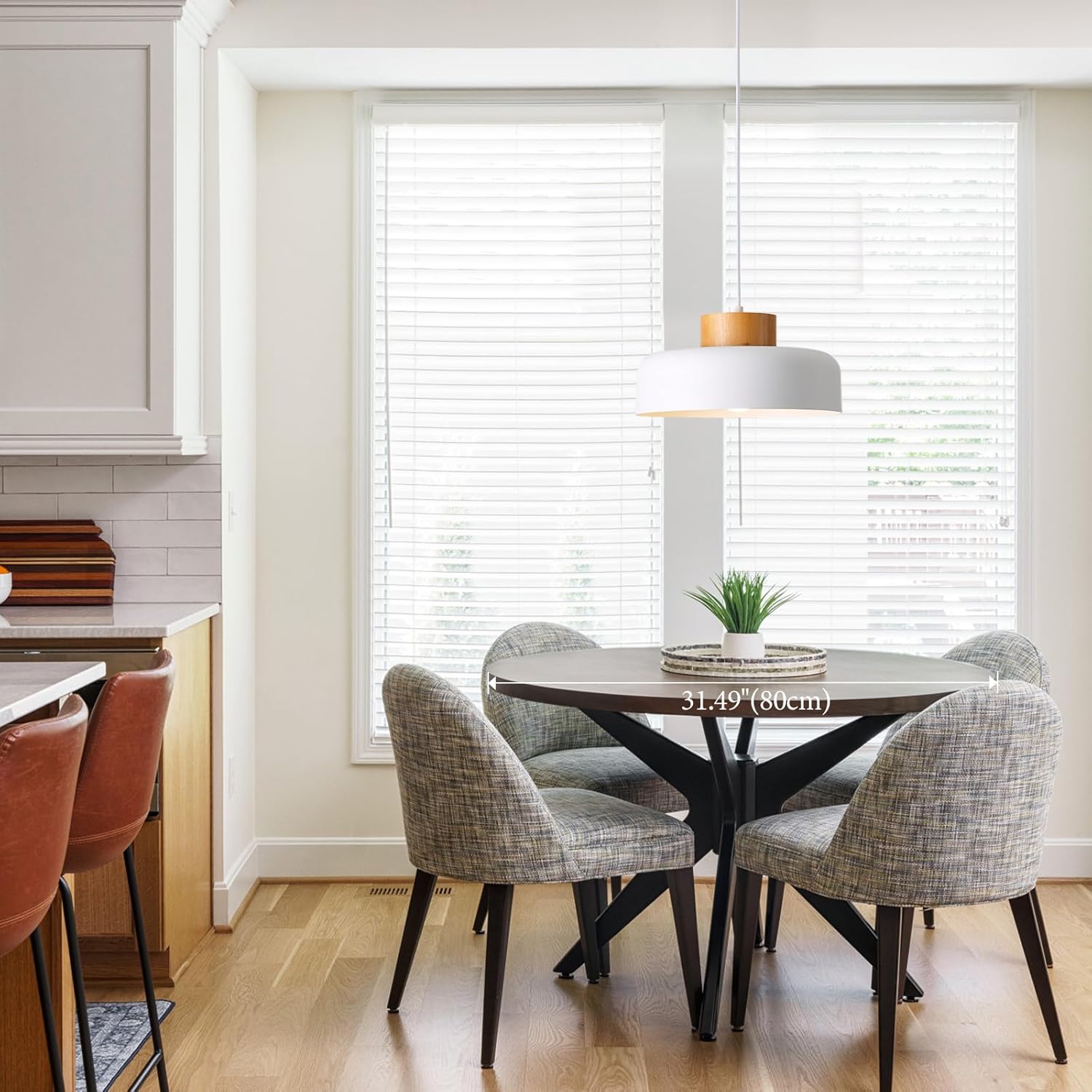 Modern Pendant Light,12.6 inch,Real Wood Cap,Small Pendant Lighting for Kitchen Island,Dining Room,Matte White